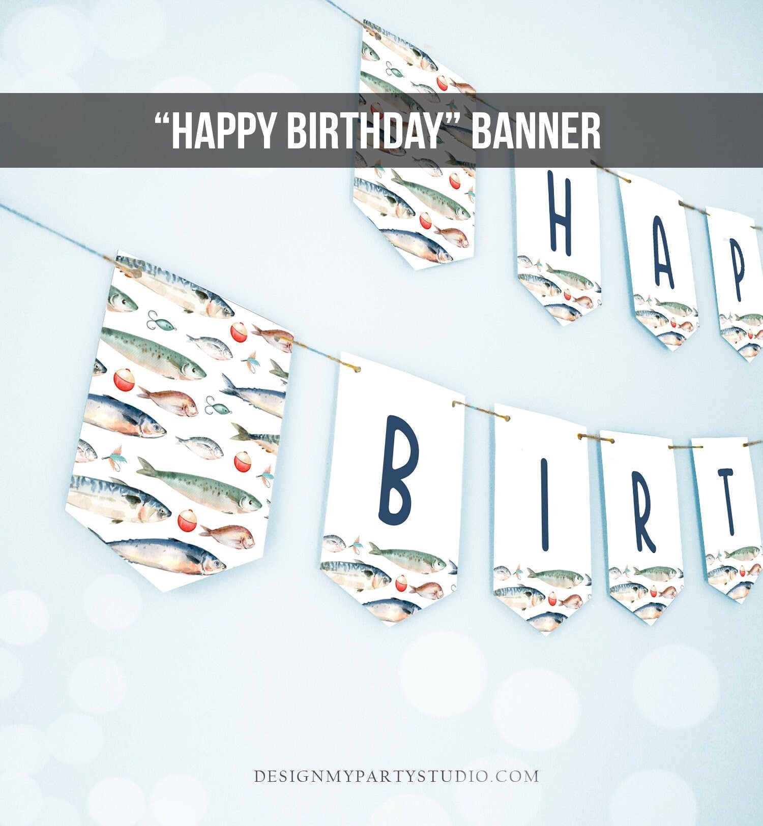 Happy Birthday Banner Fishing Birthday Banner Boy Birthday Decorations Ofishally The Big One Instant download PRINTABLE DIGITAL DIY 0454