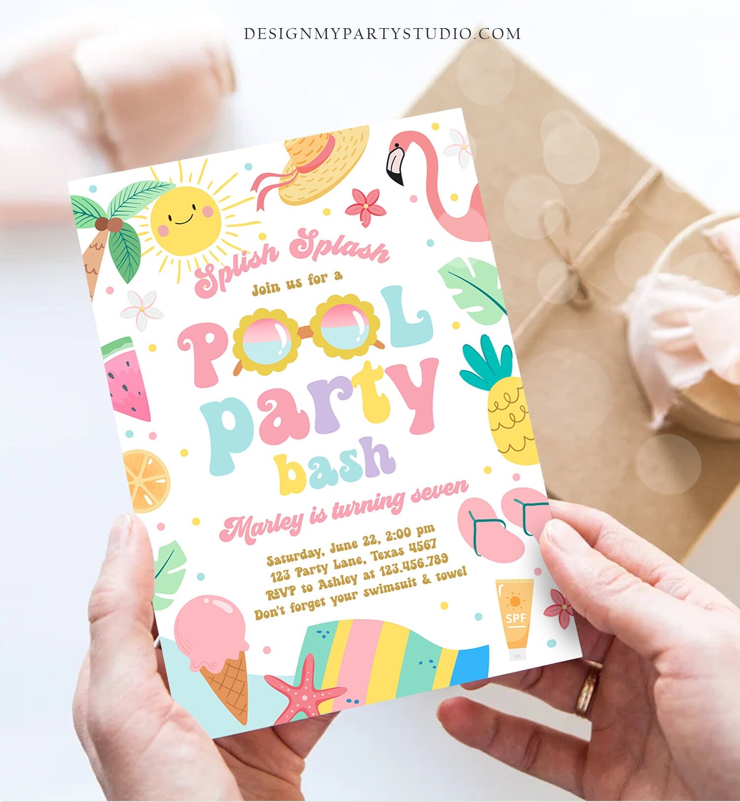 Editable Splish Splash Birthday Invitation Pool Party Girl Pool Party Bash Summer Swimming Download Printable Invite Template Evite 0465