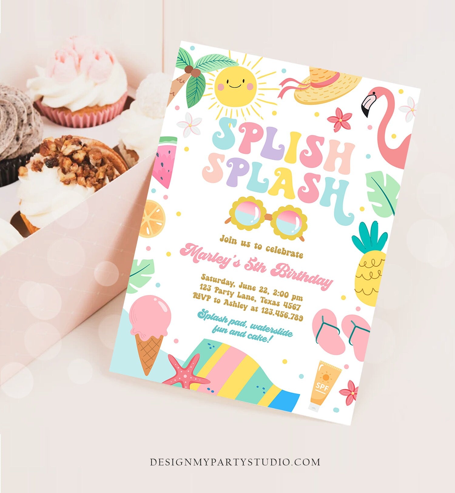 Editable Splish Splash Birthday Invitation Pool Party Girl Summer Waterslide Water Party Pink Download Printable Invite Template Evite 0465