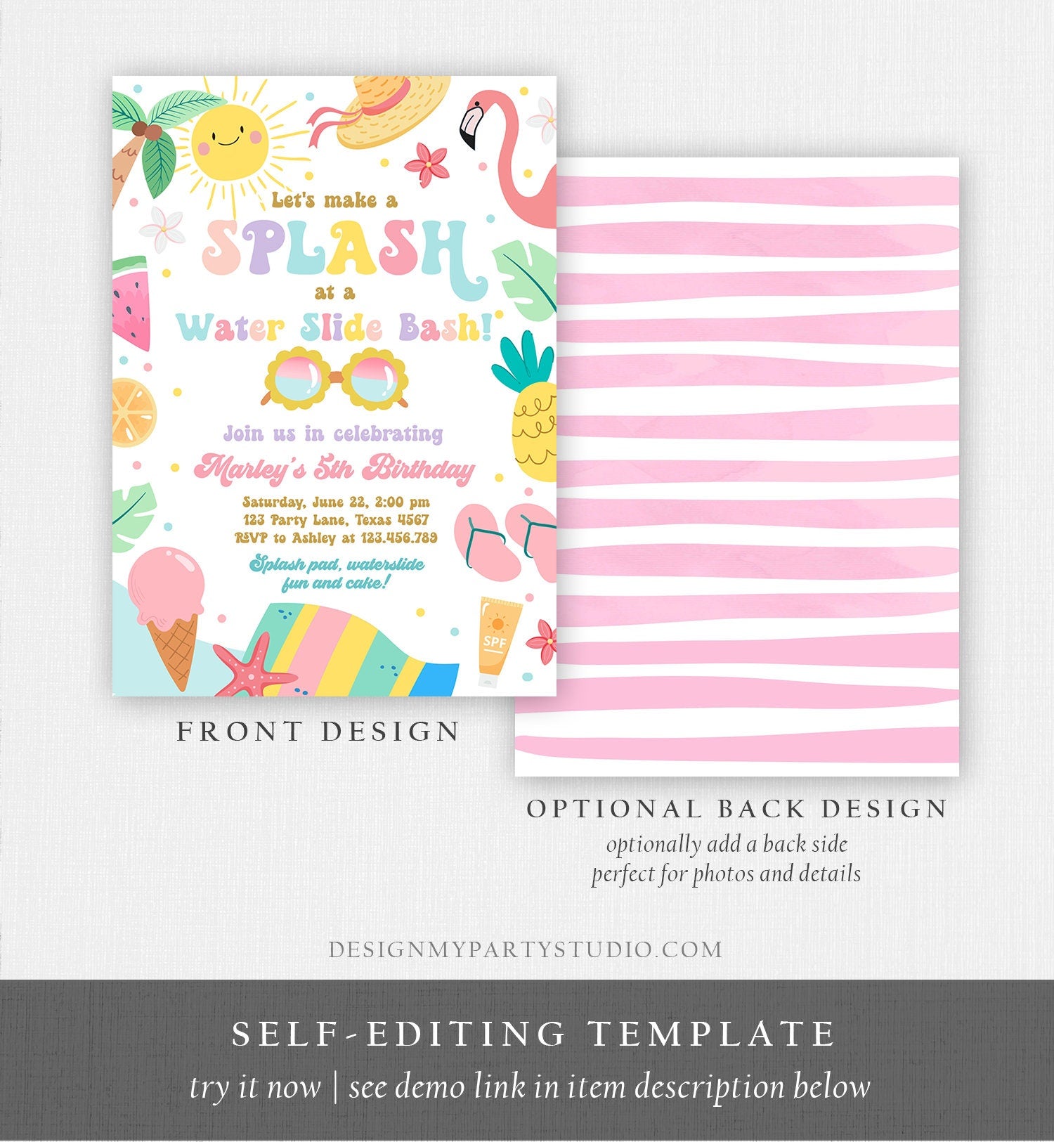 Editable Splish Splash Birthday Invitation Pool Party Girl Summer Waterslide Water Party Pink Download Printable Invite Template Corjl 0465