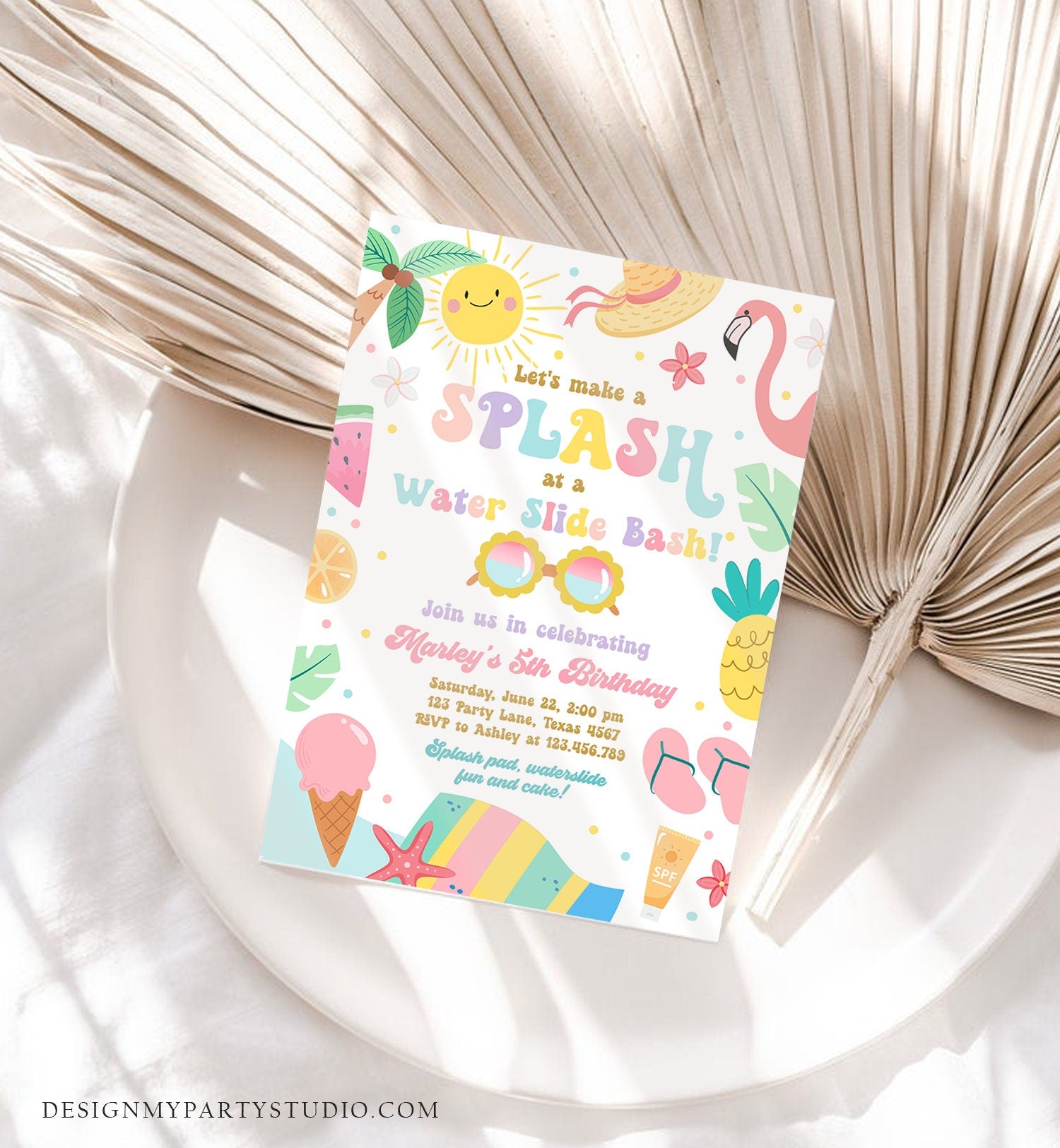 Editable Splish Splash Birthday Invitation Pool Party Girl Summer Waterslide Water Party Pink Download Printable Invite Template Corjl 0465