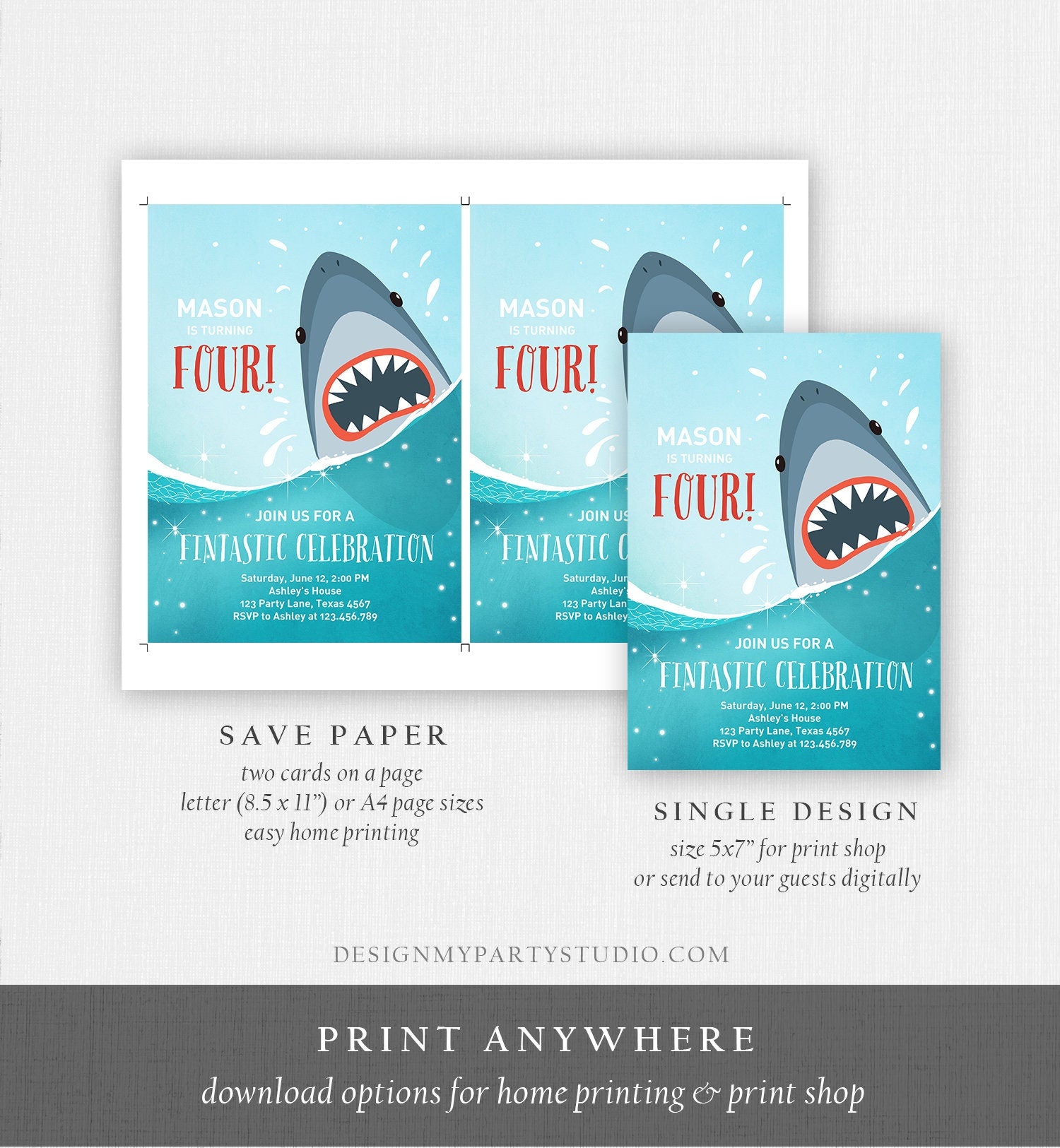 Editable Shark Birthday Invitation Shark Invitation Fintastic Shark Party Shark Under The Sea Boy Download Printable Template Corjl 0089