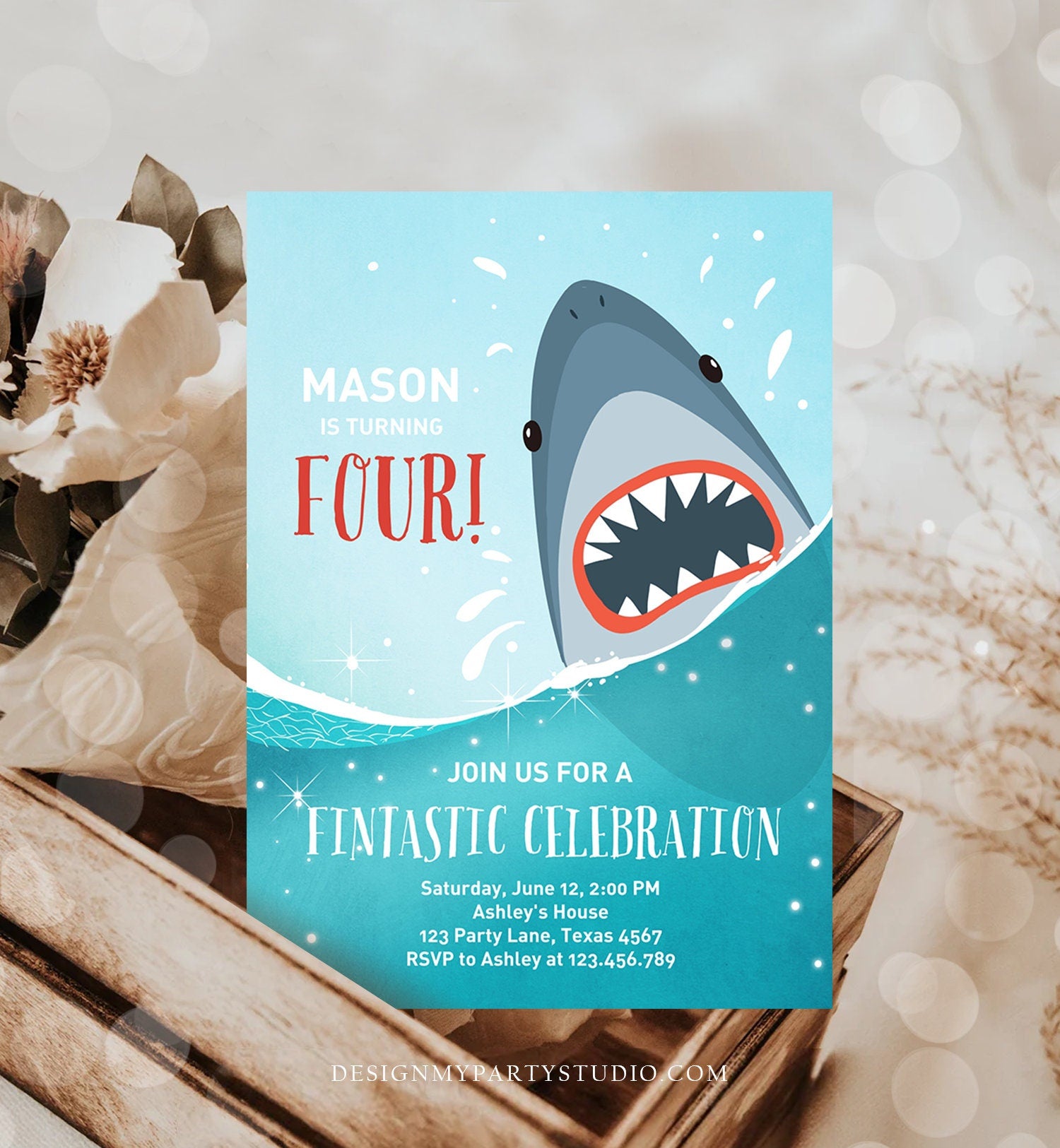 Editable Shark Birthday Invitation Shark Invitation Fintastic Shark Party Shark Under The Sea Boy Download Printable Template Corjl 0089