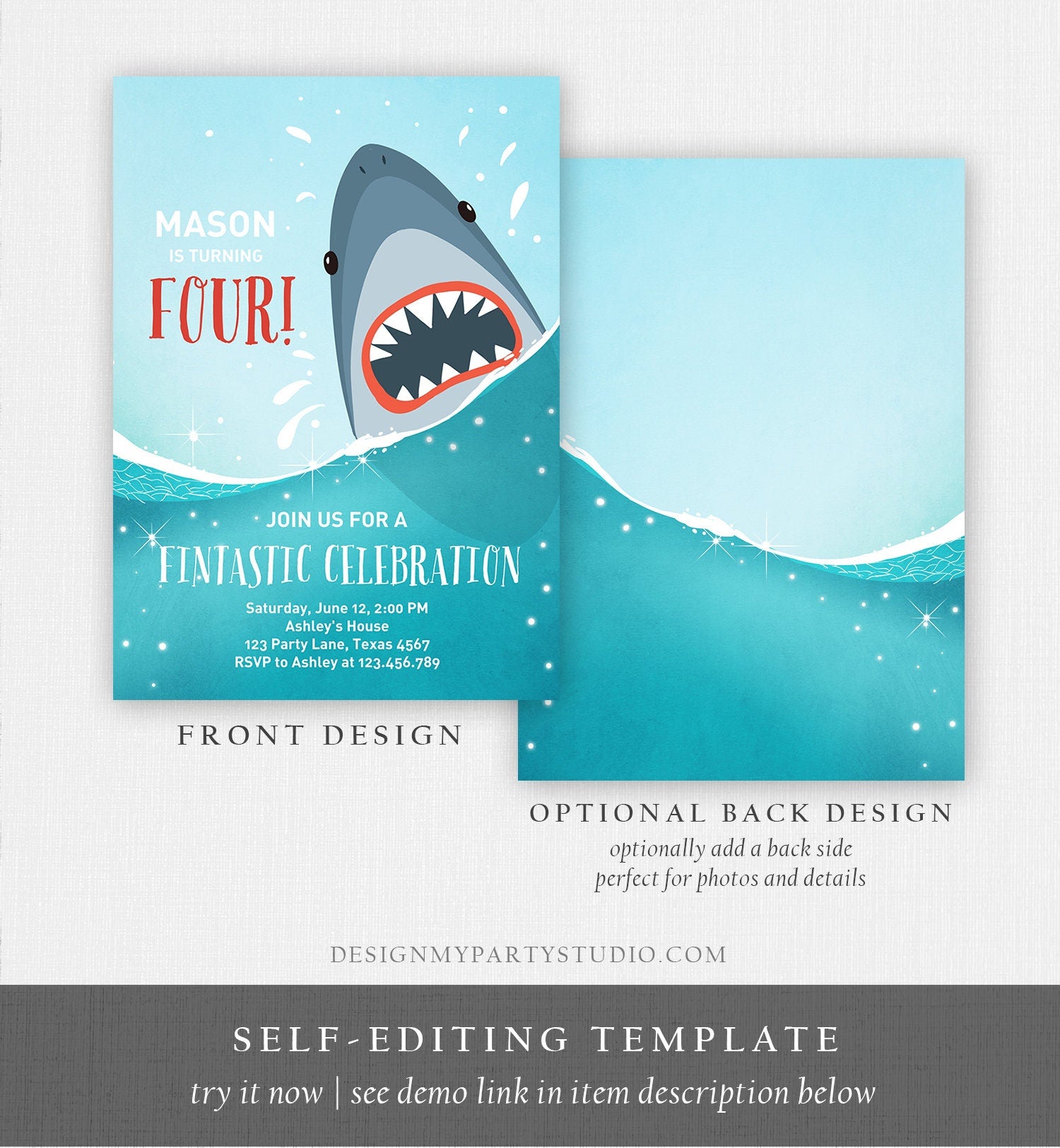 Editable Shark Birthday Invitation Shark Invitation Fintastic Shark Party Shark Under The Sea Boy Download Printable Template Corjl 0089