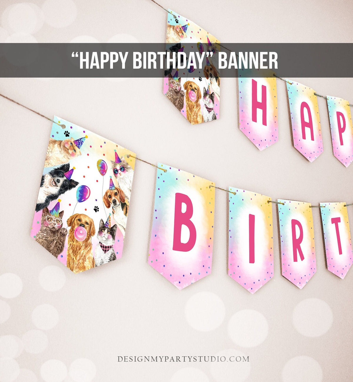 Happy Birthday Banner Party Animals Cats and Dogs Animals Puppy Birthday Kitten Birthday Pawty Decor Instant download PRINTABLE DIGITAL 0460