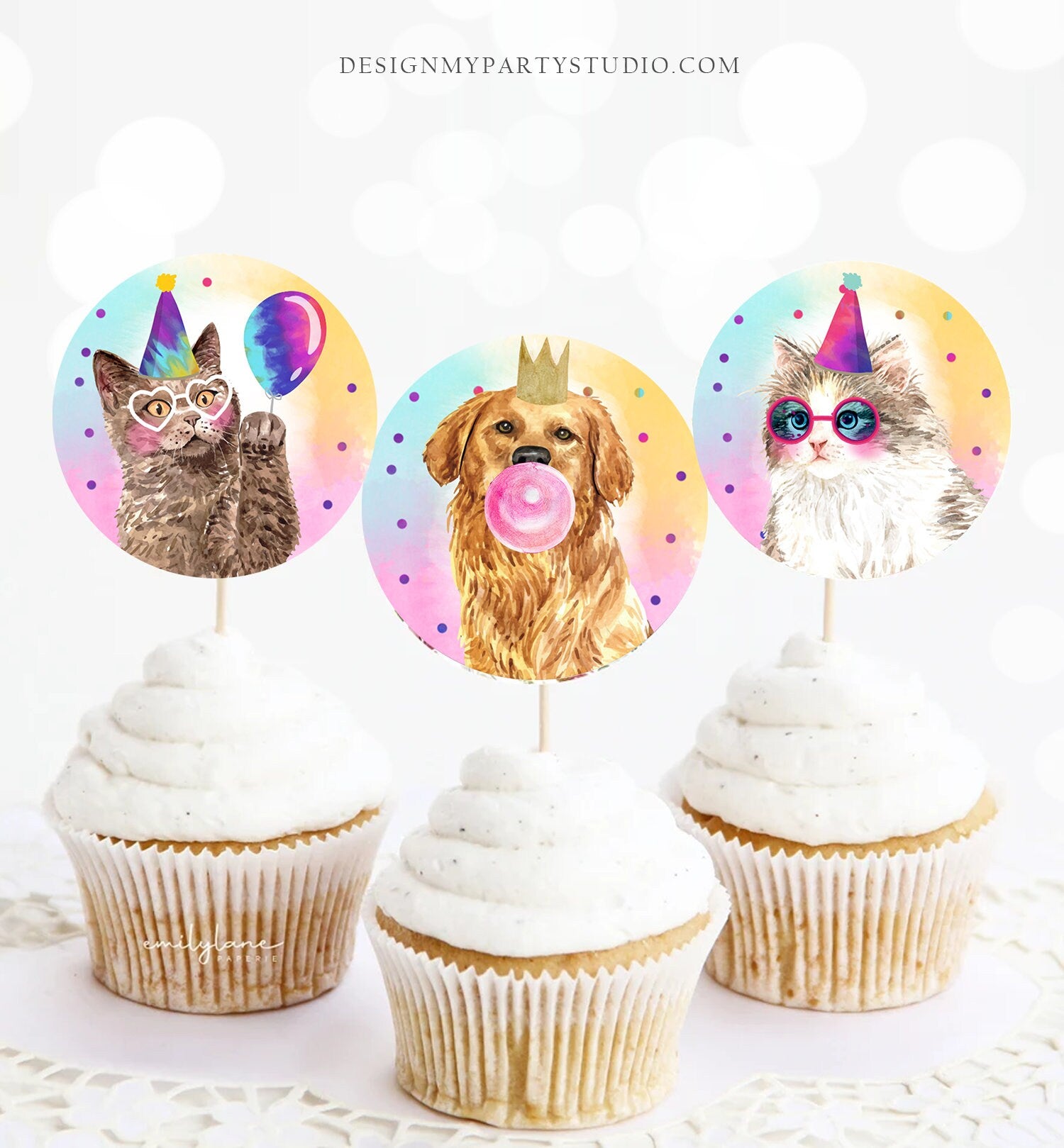 Cats and Dogs Cupcake Toppers Puppy Favor Tags Puppy Birthday Kitten Pink Girl Party Animals Birthday Decor Download Digital PRINTABLE 0460