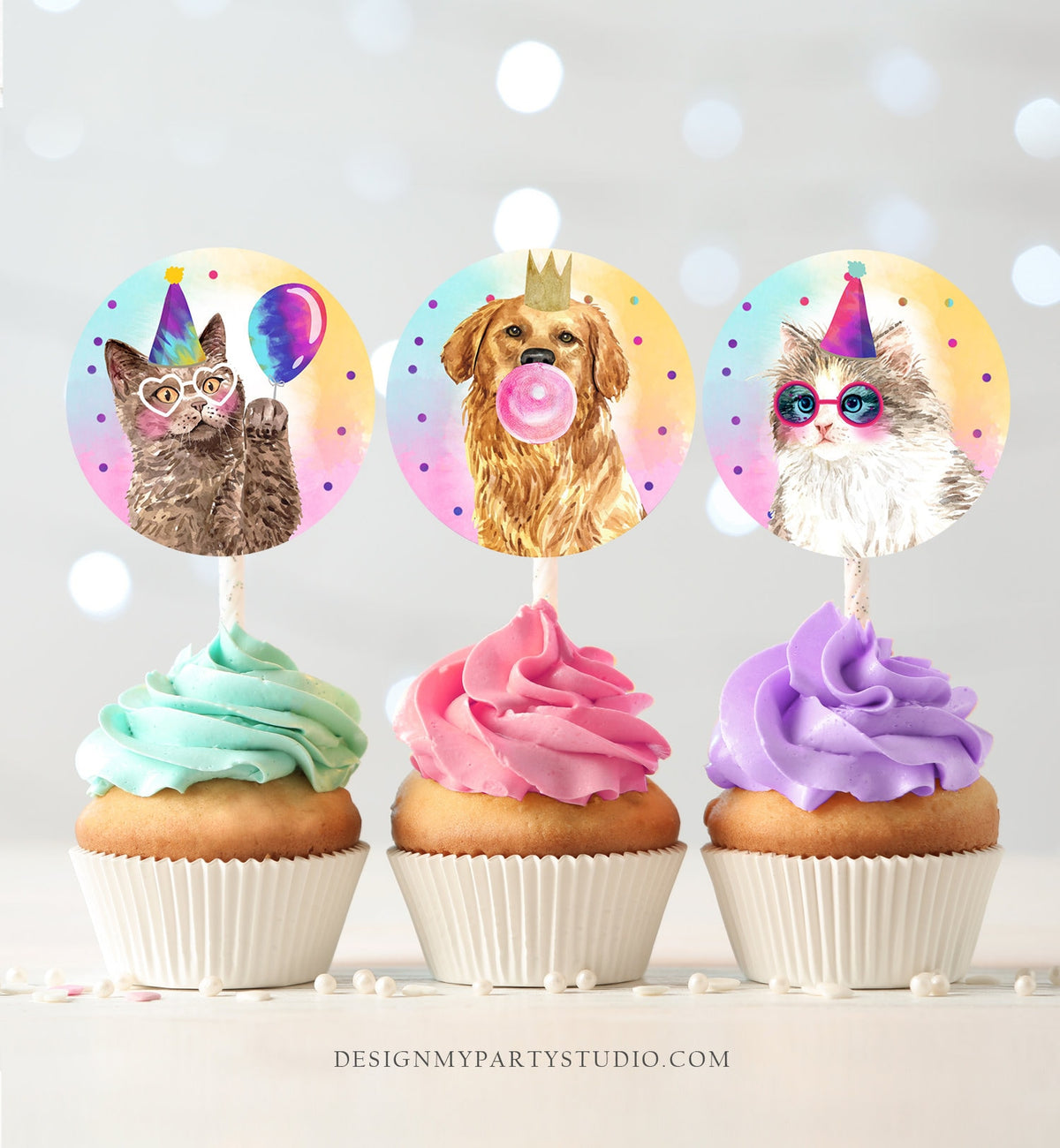 Cats and Dogs Cupcake Toppers Puppy Favor Tags Puppy Birthday Kitten Pink Girl Party Animals Birthday Decor Download Digital PRINTABLE 0460