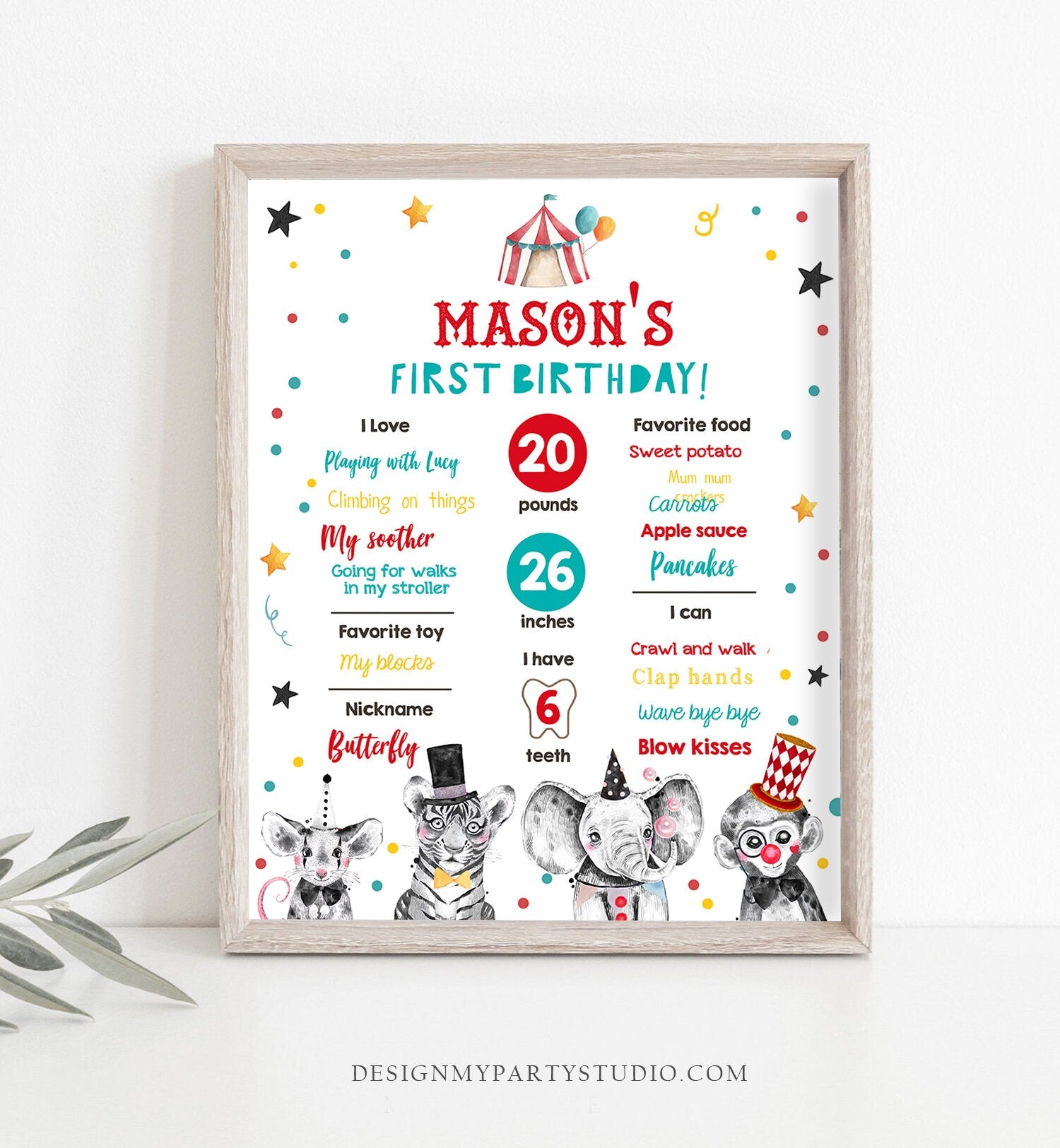 Editable Circus Animals Birthday Milestones Sign Party Animals Carnival First Birthday 1st Birthday Download Template Printable Corjl 0355