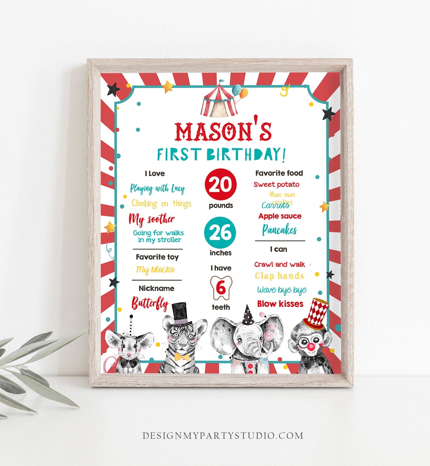 Editable Circus Animals Birthday Milestones Sign Party Animals Carnival First Birthday 1st Birthday Digital Download Template Printable 0355