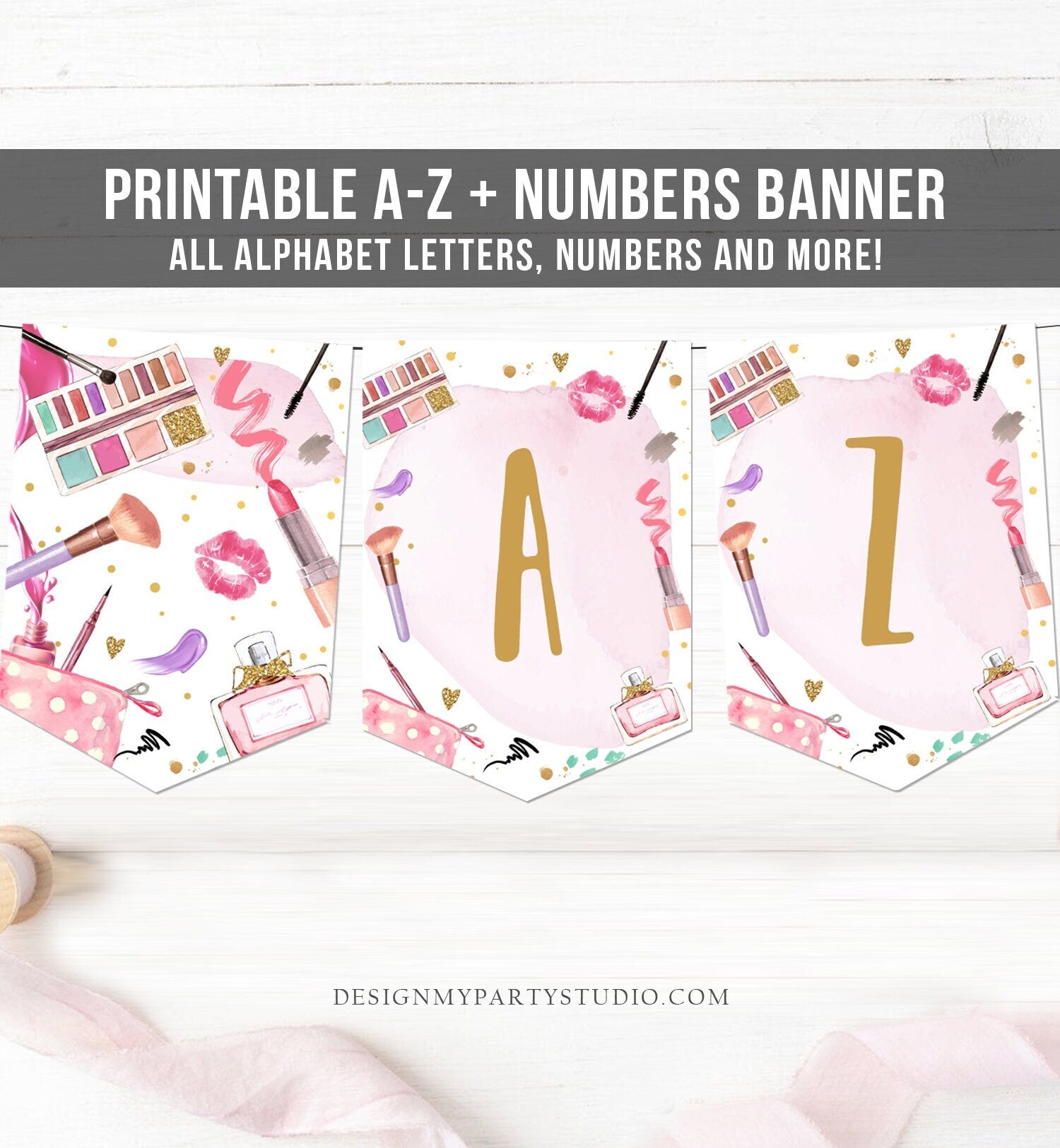 Spa Birthday Banner A-Z Alphabet Numbers Banner Happy Birthday Banner Glitters and Glamour Makeup Girl Party Decor Download Printable 0420