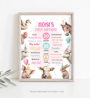 Editable Farm Animals Birthday Milestones Sign Girl Pink Farm Birthday Barnyard Bash Barnyard Sign Floral Download Template Printable 0448