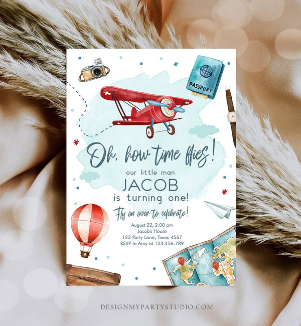 Editable Airplane Birthday Invitation Oh My Time Flies Red Airplane Fi