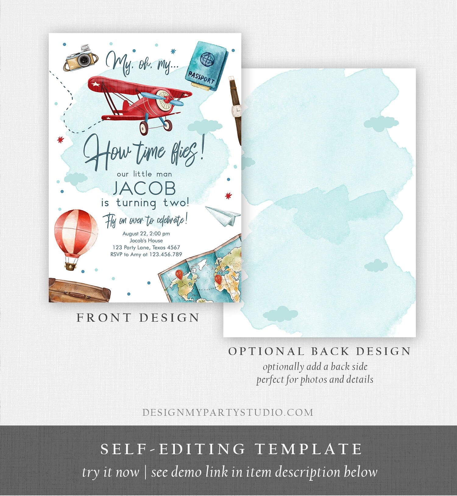 Editable Airplane Birthday Invitation Oh My Time Flies Red Airplane Invitation Travel 1st Instant Download Printable Corjl Template 0468