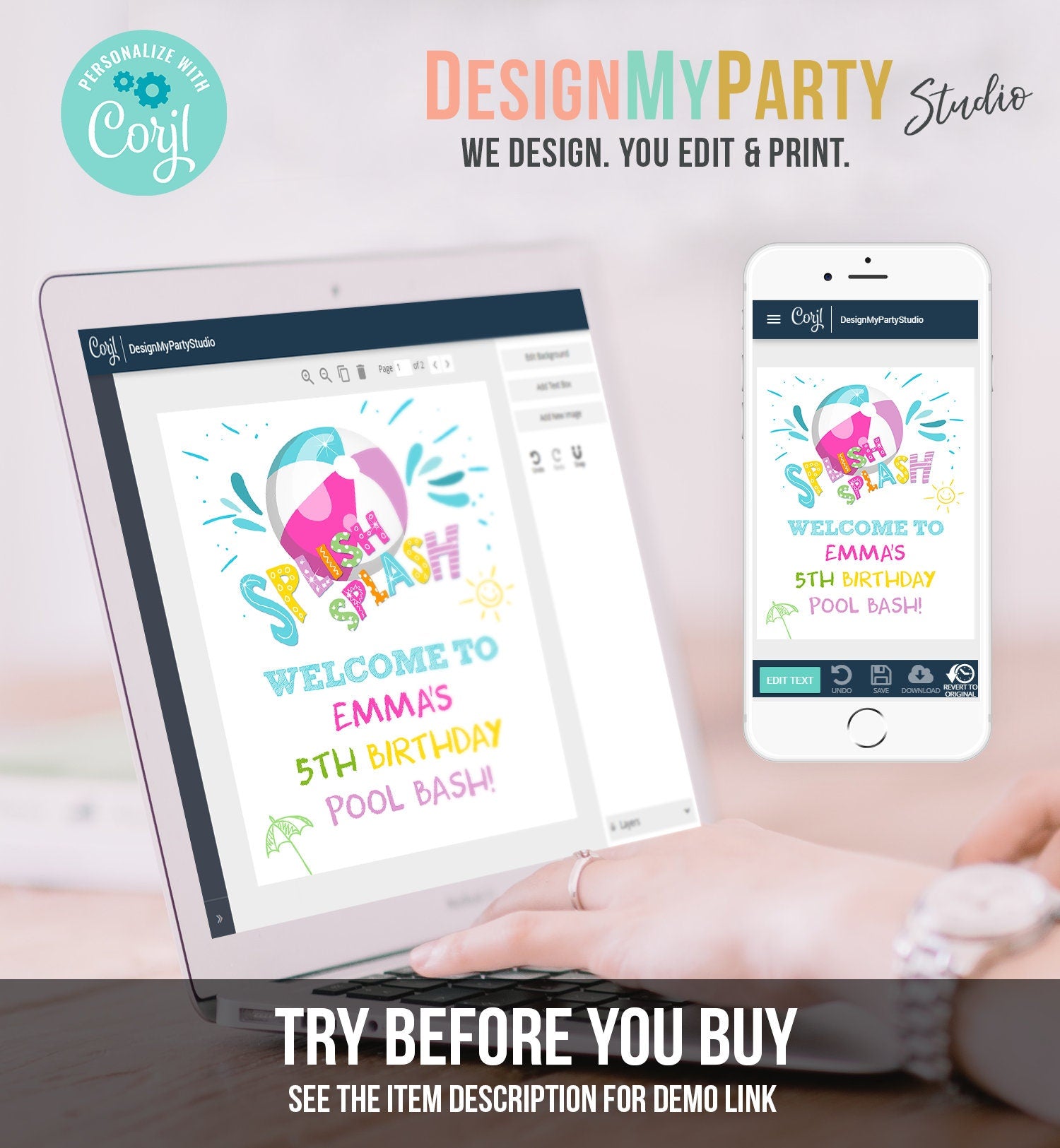 Editable Pool Party Welcome Sign Pool Party Birthday Beach Ball Pool Bash Girl Welcome Splish Splash Printable Welcome Template Corjl 0169