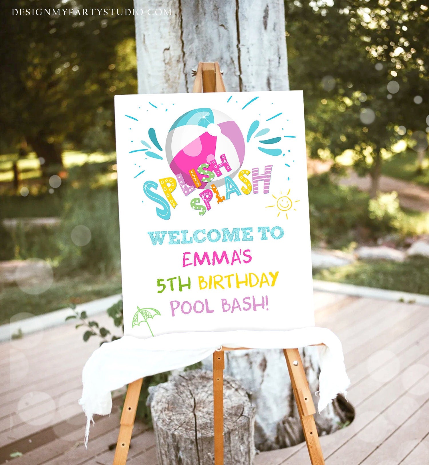 Editable Pool Party Welcome Sign Pool Party Birthday Beach Ball Pool Bash Girl Welcome Splish Splash Printable Welcome Template Corjl 0169