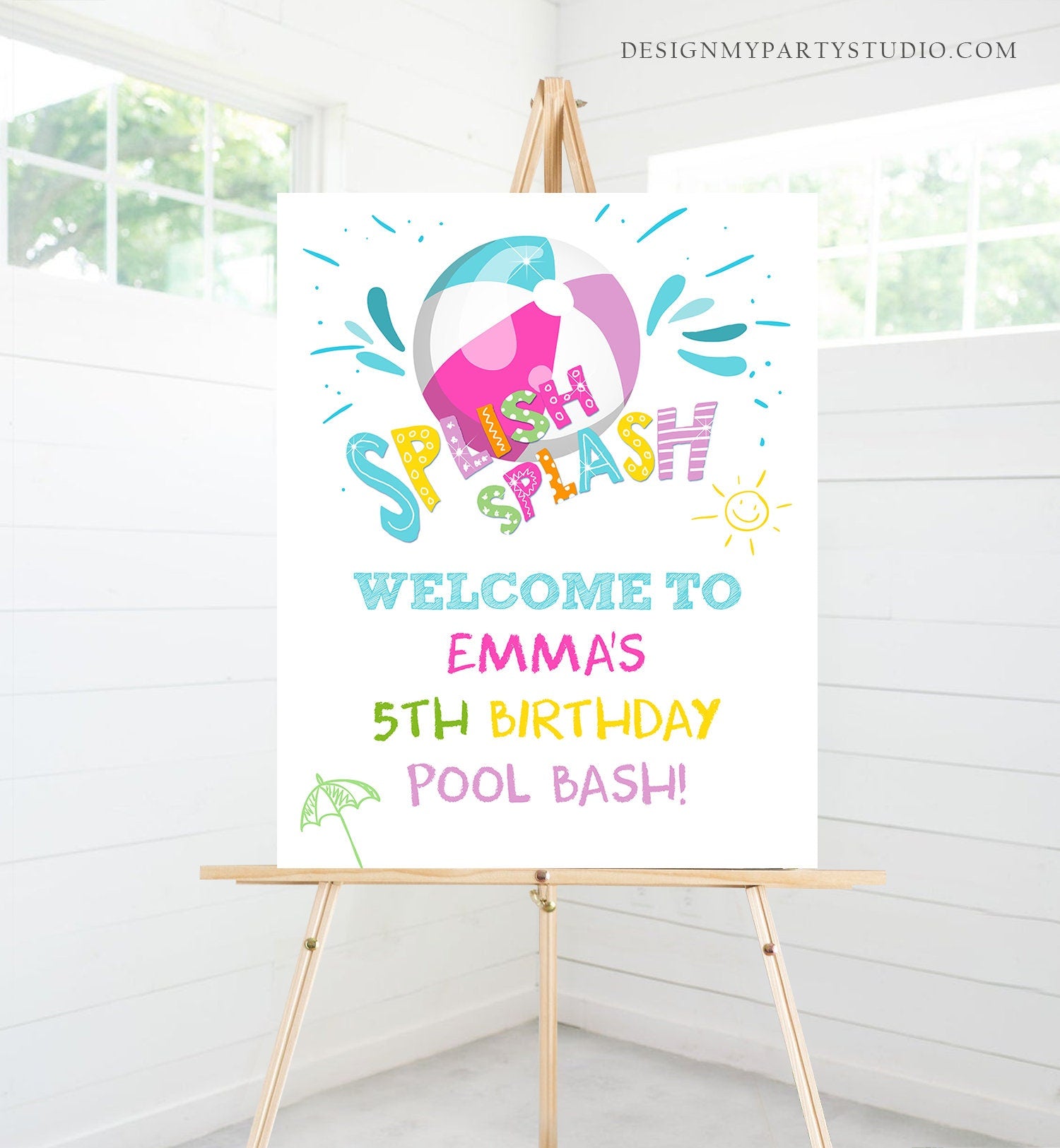 Editable Pool Party Welcome Sign Pool Party Birthday Beach Ball Pool Bash Girl Welcome Splish Splash Printable Welcome Template Corjl 0169