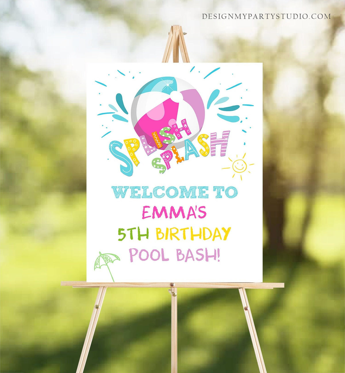 Editable Pool Party Welcome Sign Pool Party Birthday Beach Ball Pool Bash Girl Welcome Splish Splash Printable Welcome Template Corjl 0169