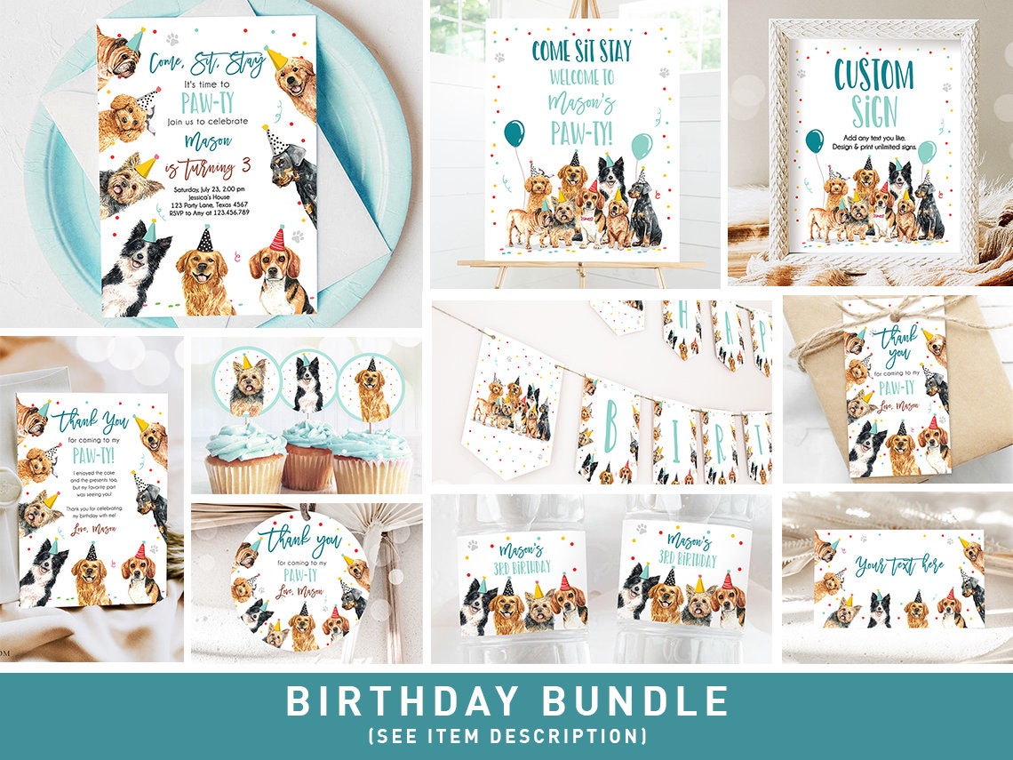 Dog Birthday Invitation Bundle Dogs Puppy Party Invite Birthday Come Sit Stay Boy 1st Birthday Printable Corjl Template 0384