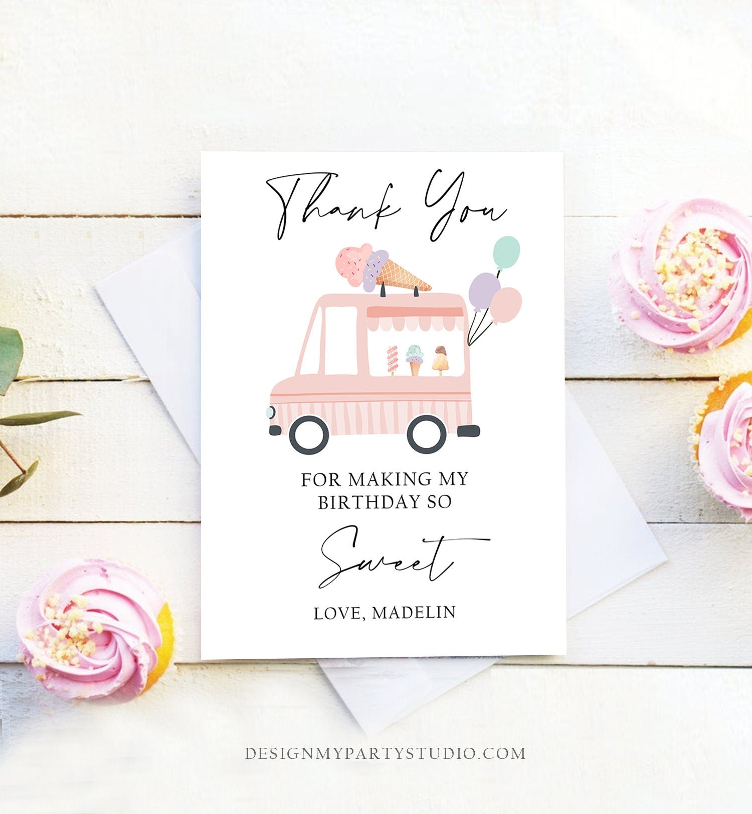 Editable Ice Cream Truck Thank You Card Ice Cream Birthday Thank you Note Girl Birthday Summer Download Printable Template Corjl 0415