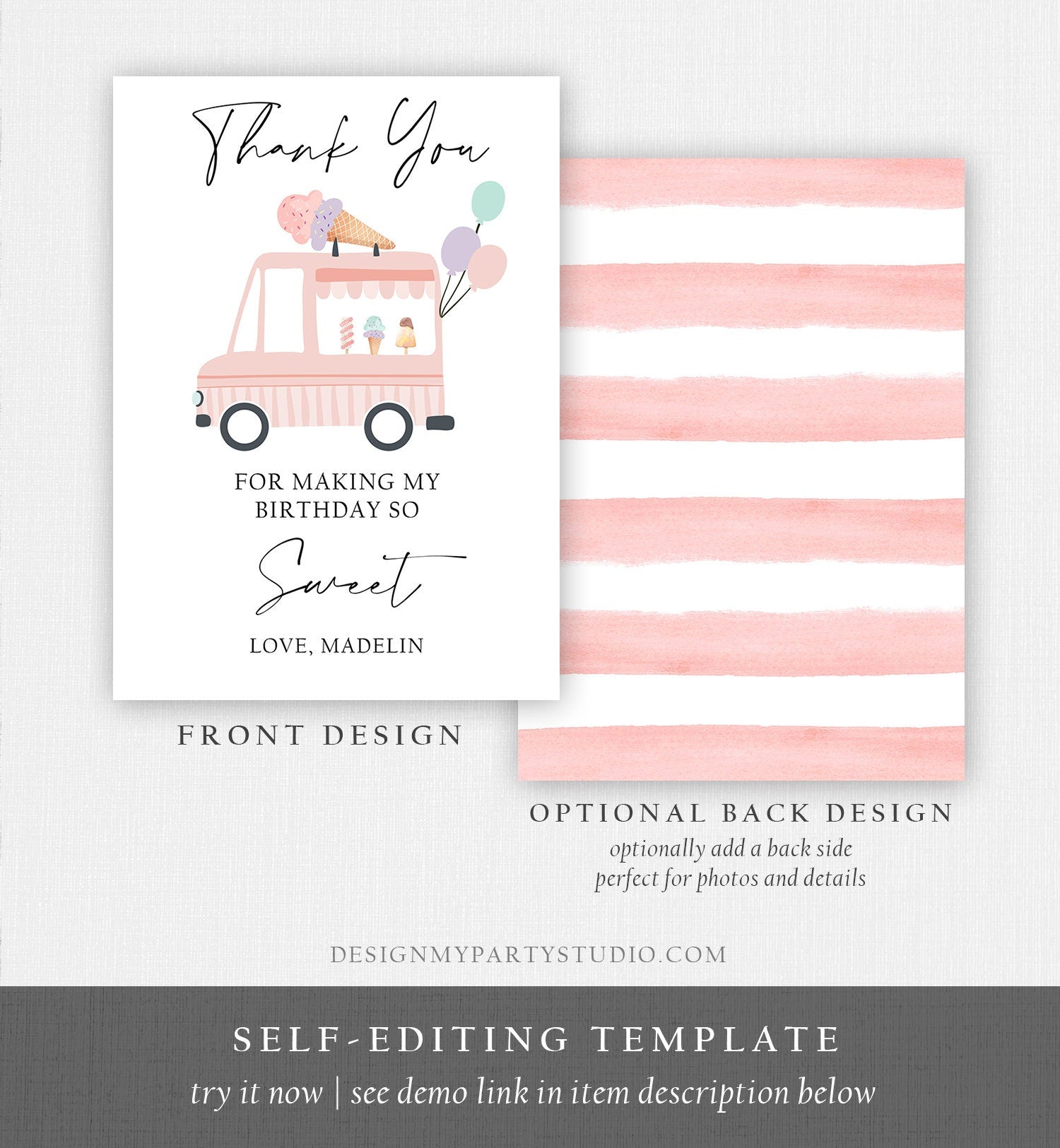 Editable Ice Cream Truck Thank You Card Ice Cream Birthday Thank you Note Girl Birthday Summer Download Printable Template Corjl 0415