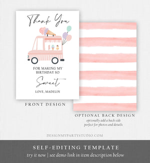 Editable Ice Cream Truck Thank You Card Ice Cream Birthday Thank you Note Girl Birthday Summer Download Printable Template Corjl 0415