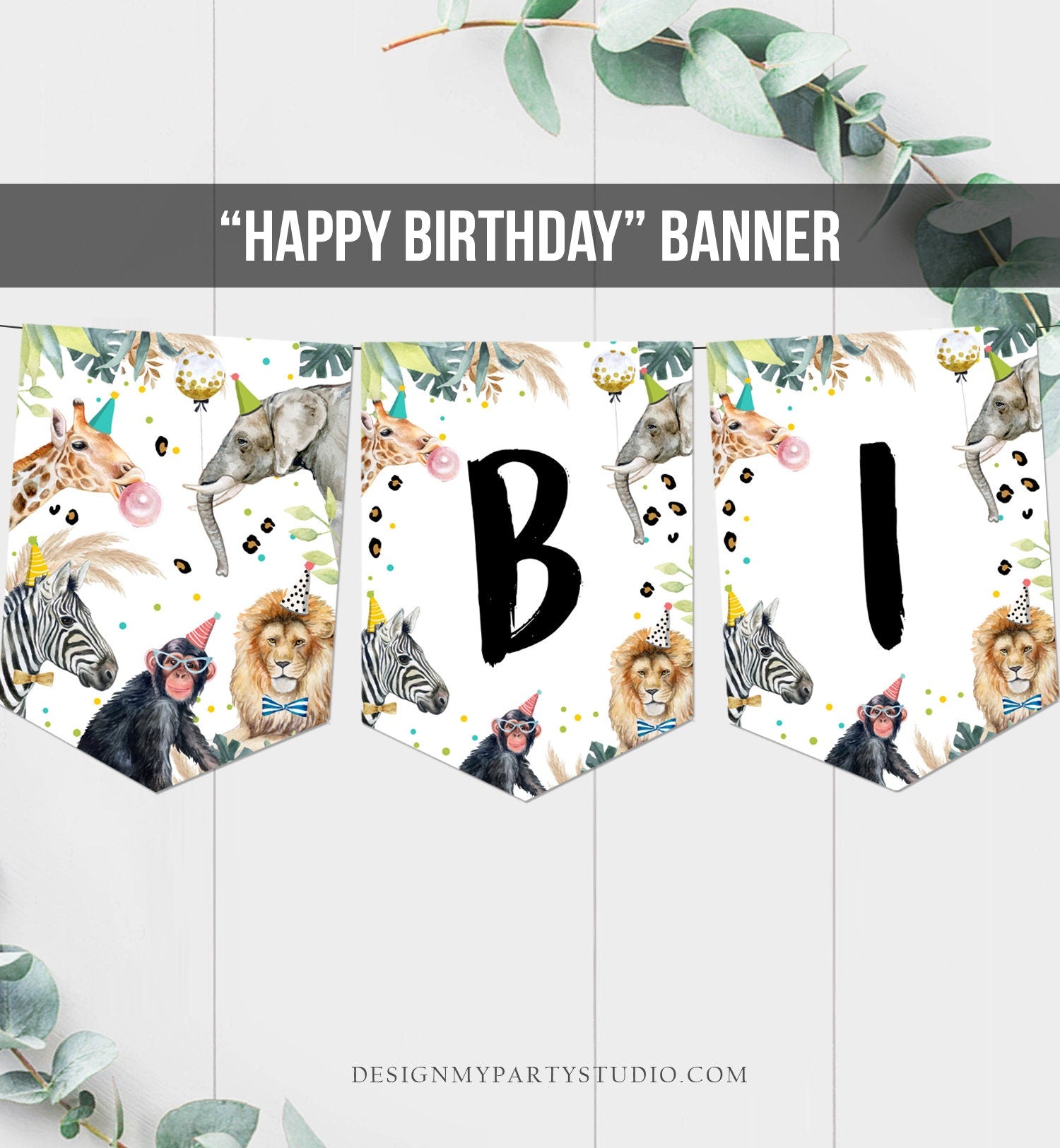 Happy Birthday Banner Party Animals Safari Animals Wild One Birthday Zoo Decorations Lion Boy Girl Jungle Download PRINTABLE DIGITAL 0417