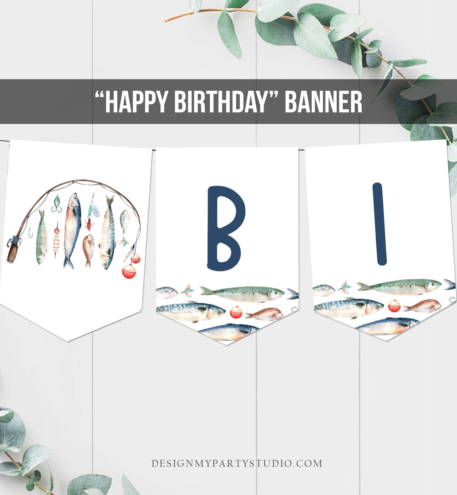 Happy Birthday Banner Fishing Birthday Banner Boy Birthday Decorations Ofishally The Big One Instant download PRINTABLE DIGITAL DIY 0454