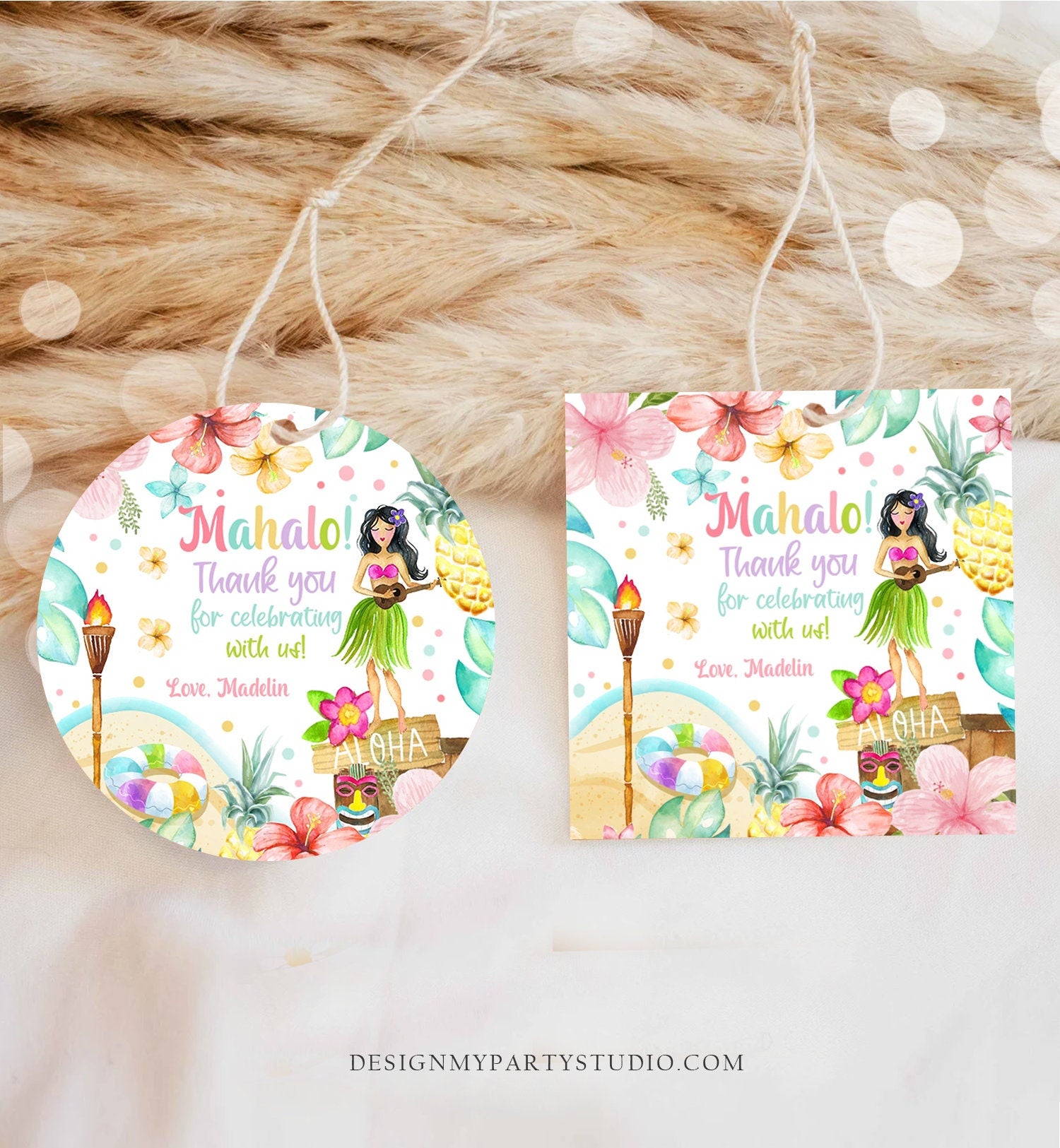 Editable Aloha Tropical Hawaiian Favor Tag Luau Birthday Party Thank You Tags Mahalo Favor Tag Pastel Girl Corjl Template Printable 0413