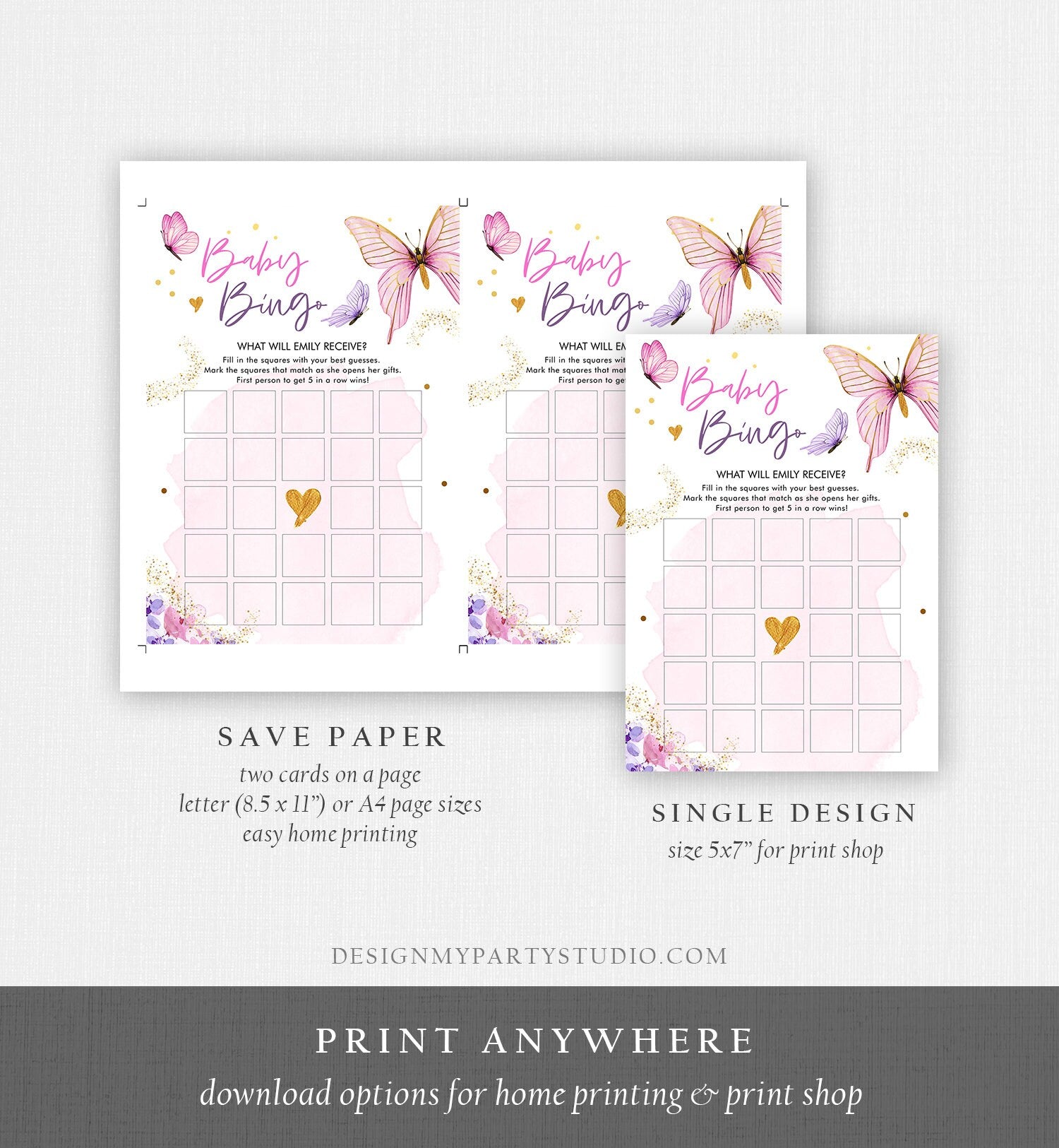 Editable Baby Bingo Baby Shower Game Butterfly Baby Shower Floral Butterflies Lilac Pink Purple Activity Corjl Template Printable 0437