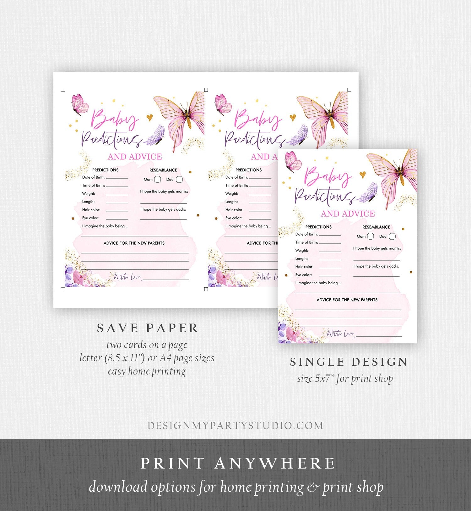 Editable Baby Predictions Advice Baby Shower Game Butterfly Baby Shower Floral Butterflies Lilac Pink Activity Corjl Template Printable 0437