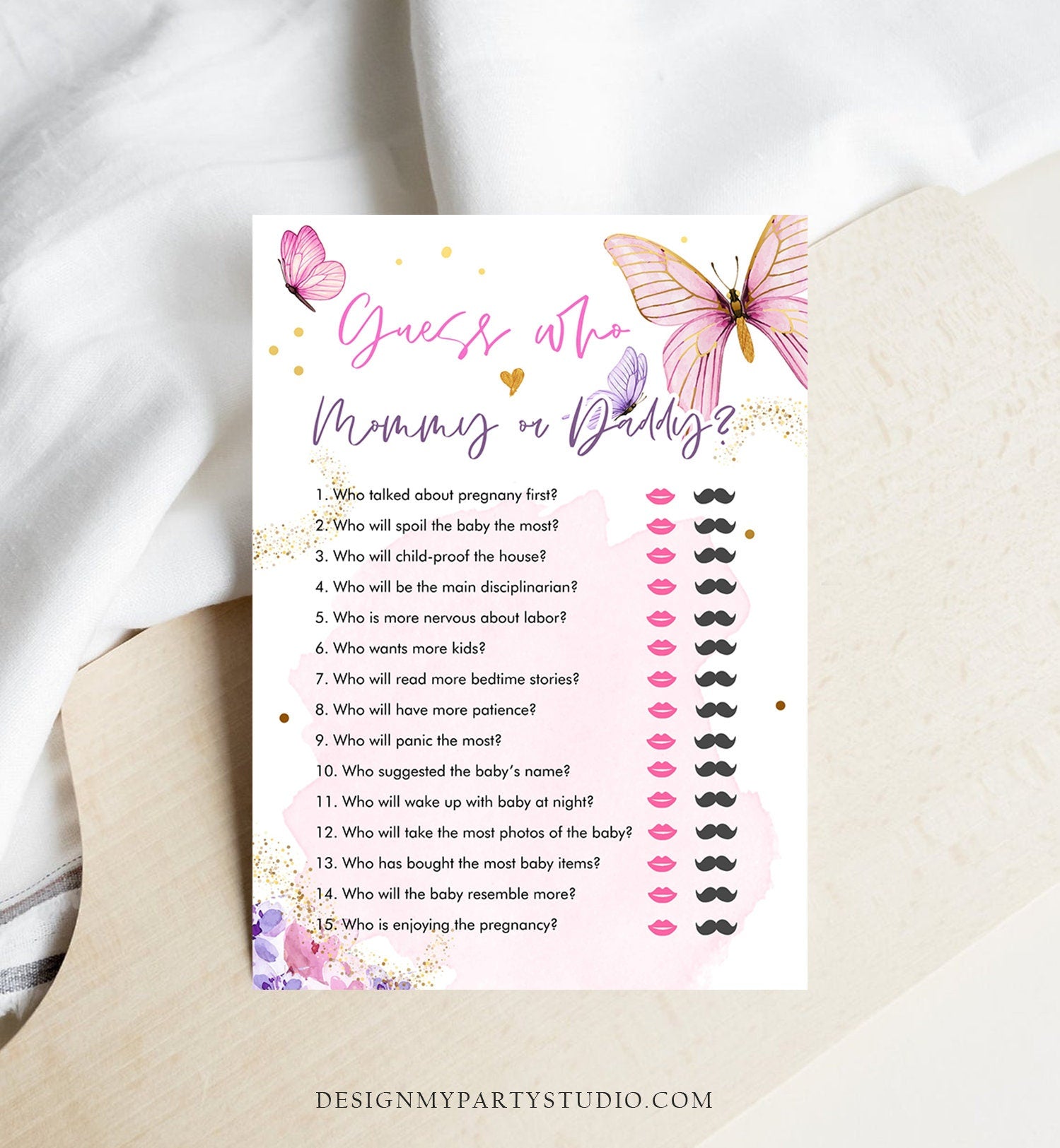 Editable Guess Who Mommy or Daddy Baby Shower Game Butterfly Baby Shower Floral Butterflies Pink Activity Corjl Template Printable 0437