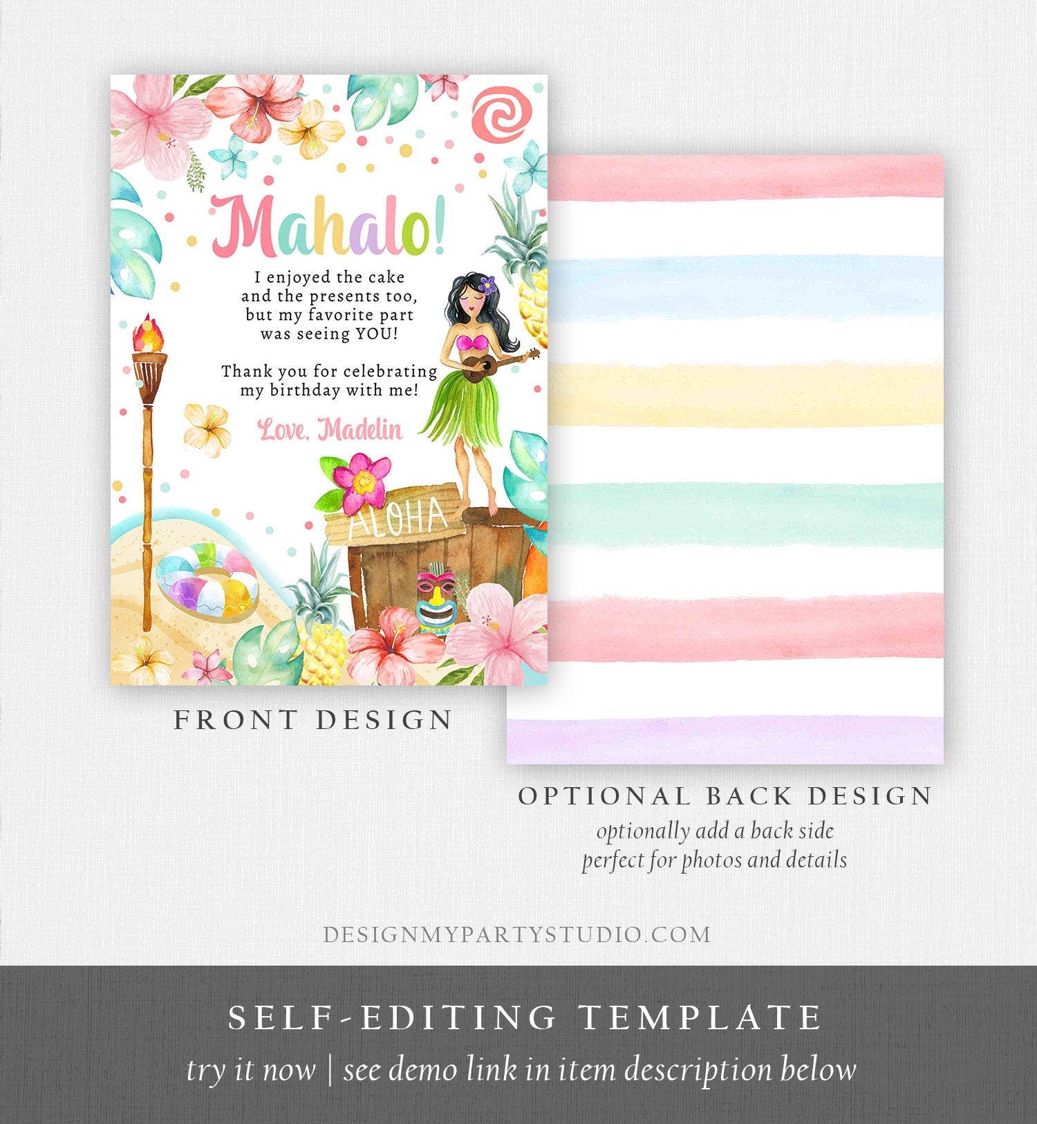 Editable Luau Birthday Thank You Card Girl Hawaiian Birthday Thank You Note Tropical Luau Party Download Template Digital Corjl 0413