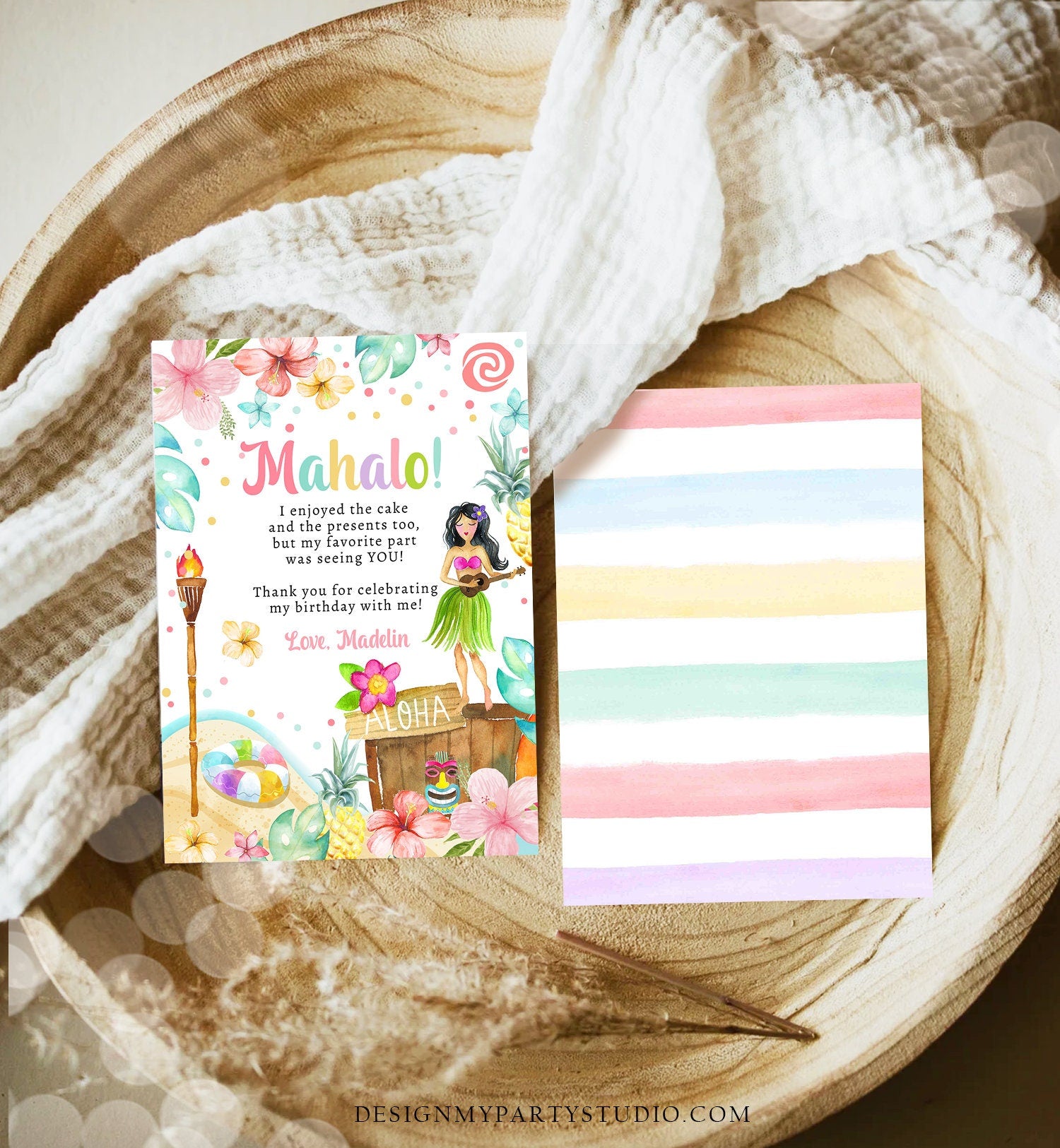 Editable Luau Birthday Thank You Card Girl Hawaiian Birthday Thank You Note Tropical Luau Party Download Template Digital Corjl 0413