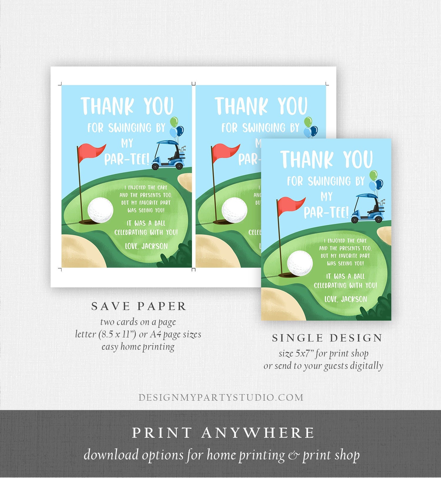 Editable Golf Thank You Card Golfing Birthday Par-tee Swinging By Hole in One Golf Court Boy Girl Cart Printable Corjl Template Digital 0405