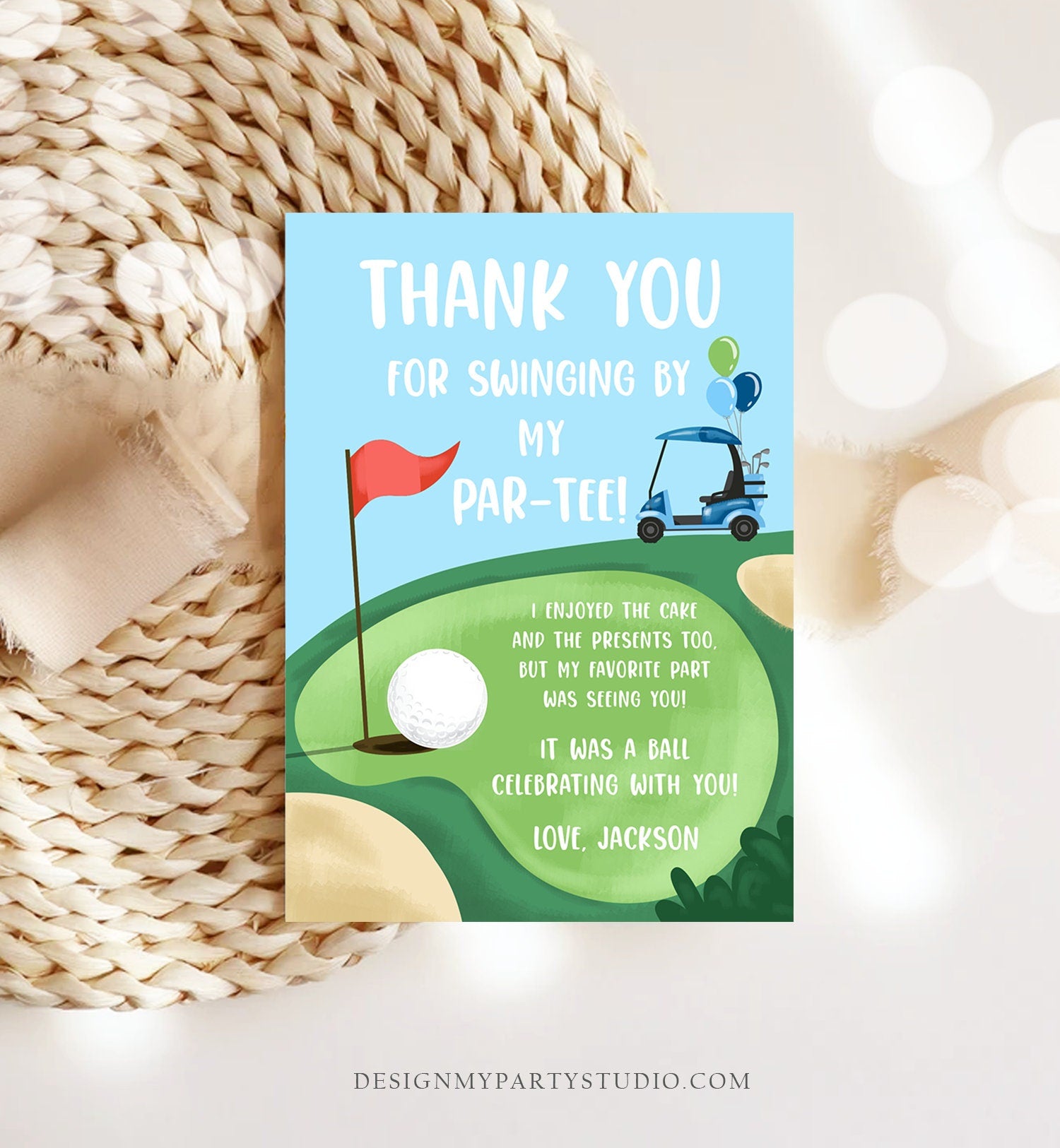 Editable Golf Thank You Card Golfing Birthday Par-tee Swinging By Hole in One Golf Court Boy Girl Cart Printable Corjl Template Digital 0405