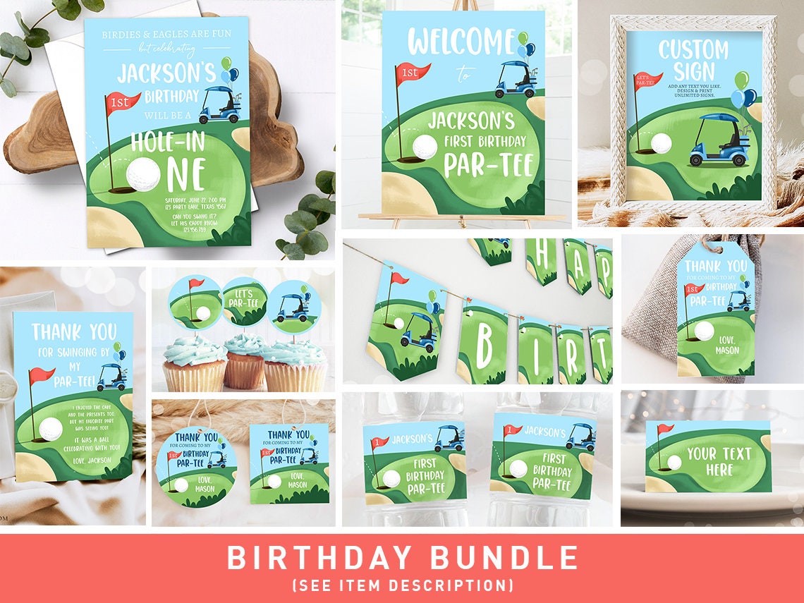 Hole in One Birthday Invitation Bundle Golf First Birthday Par-tee Boy Golfing Party Bundle Red Invite Digital Printable Corjl Template 0405