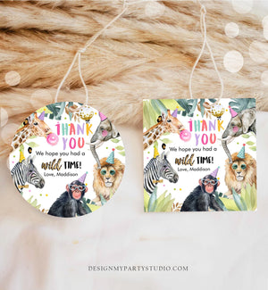 Editable Party Animals Favor Tags Wild One Animals Thank You Tags Safari Zoo Girl Birthday Wild Time Sticker Tag Digital Corjl Template 0417