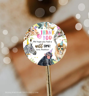 Editable Party Animals Favor Tags Wild One Animals Thank You Tags Safari Zoo Girl Birthday Wild Time Sticker Tag Digital Corjl Template 0417