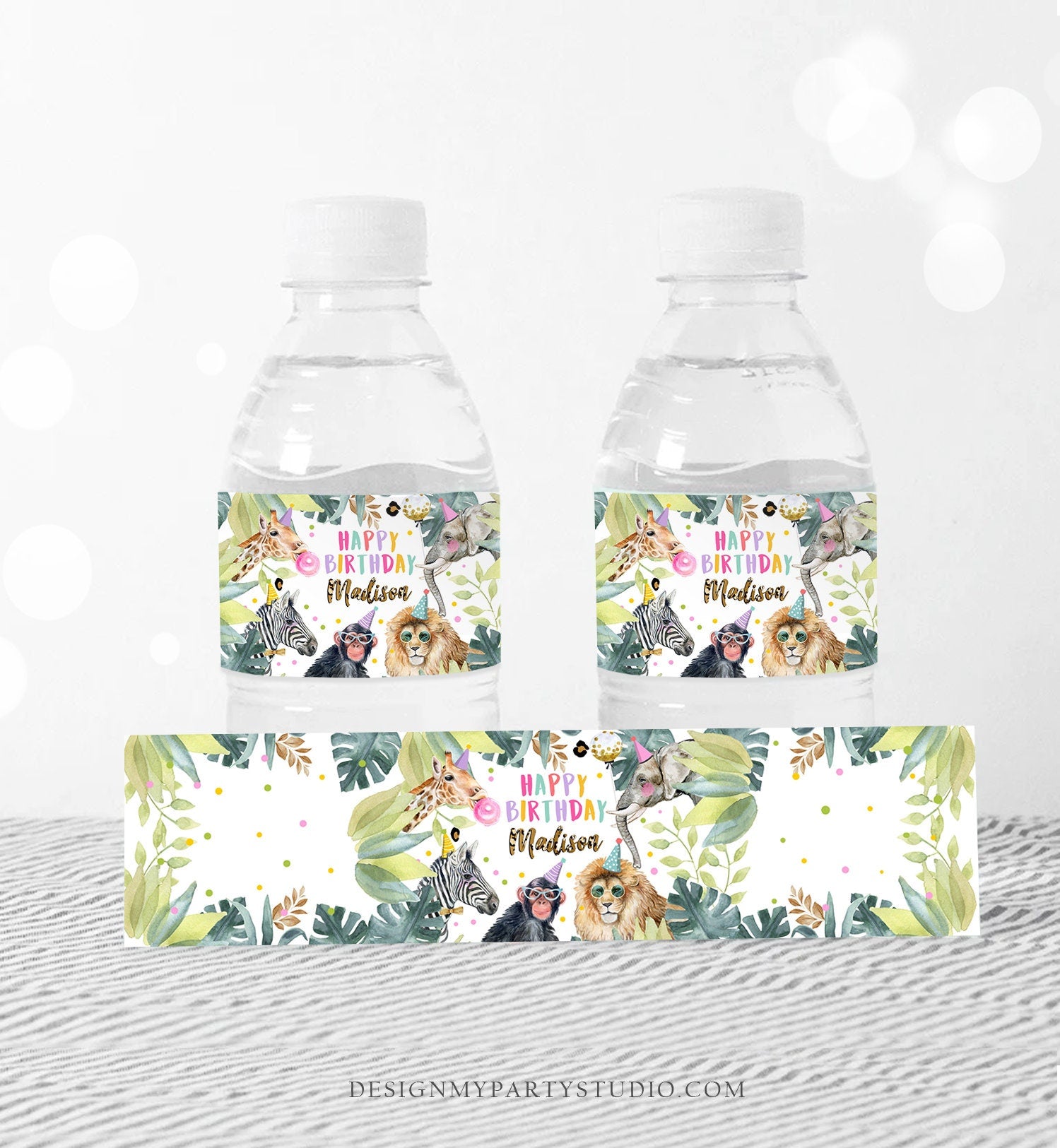 Editable Safari Water Bottle Labels Party Animals Birthday Wild One Birthday Decor Safari Girl Printable Bottle Wrappers Template Corjl 0417