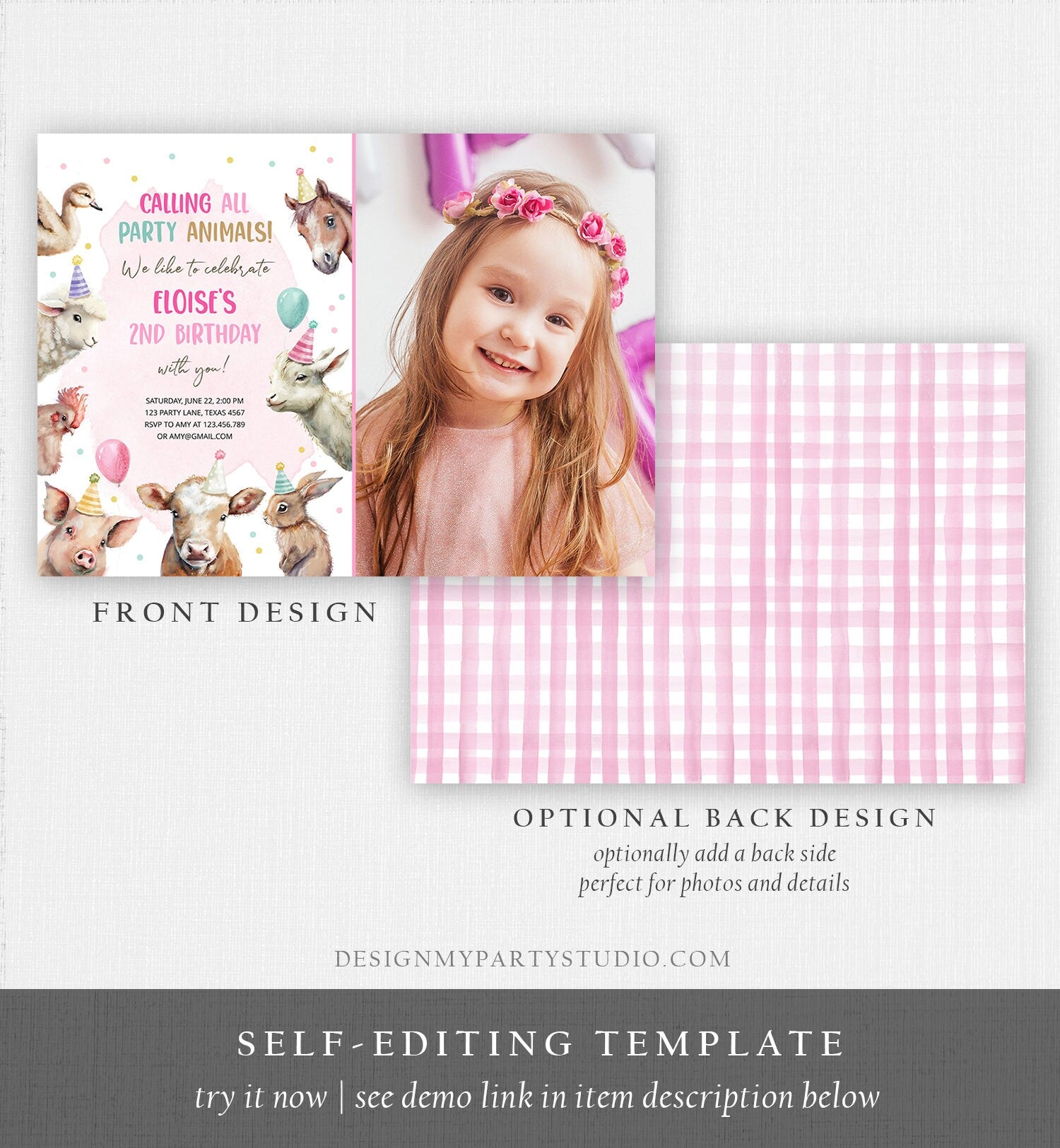 Editable Farm Animals Birthday Invitation Girl Farm Barnyard First Birthday Party Animals Confetti Download Corjl Template Printable 0448