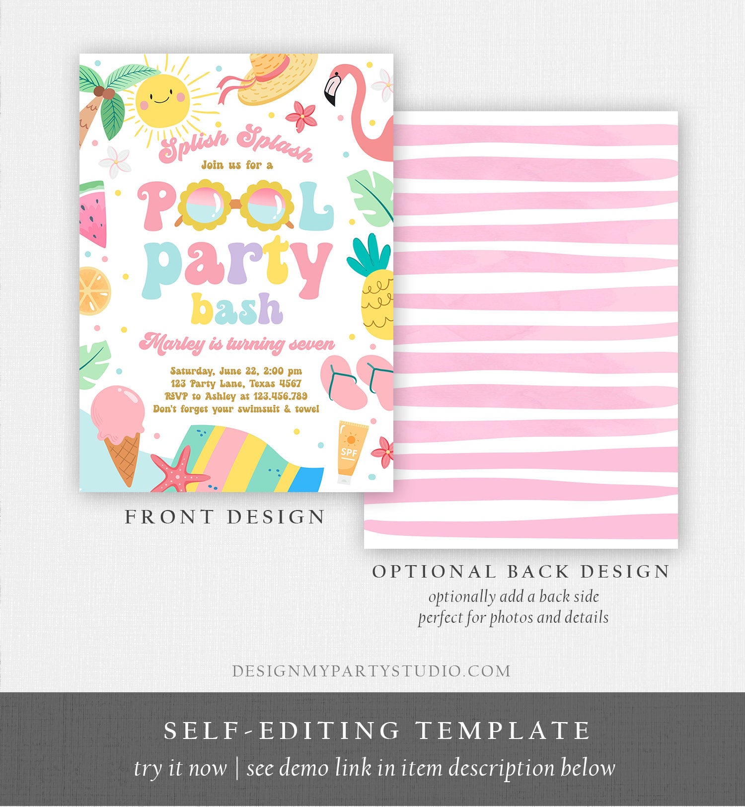 Editable Splish Splash Birthday Invitation Pool Party Girl Pool Party Bash Summer Swimming Download Printable Invite Template Evite 0465