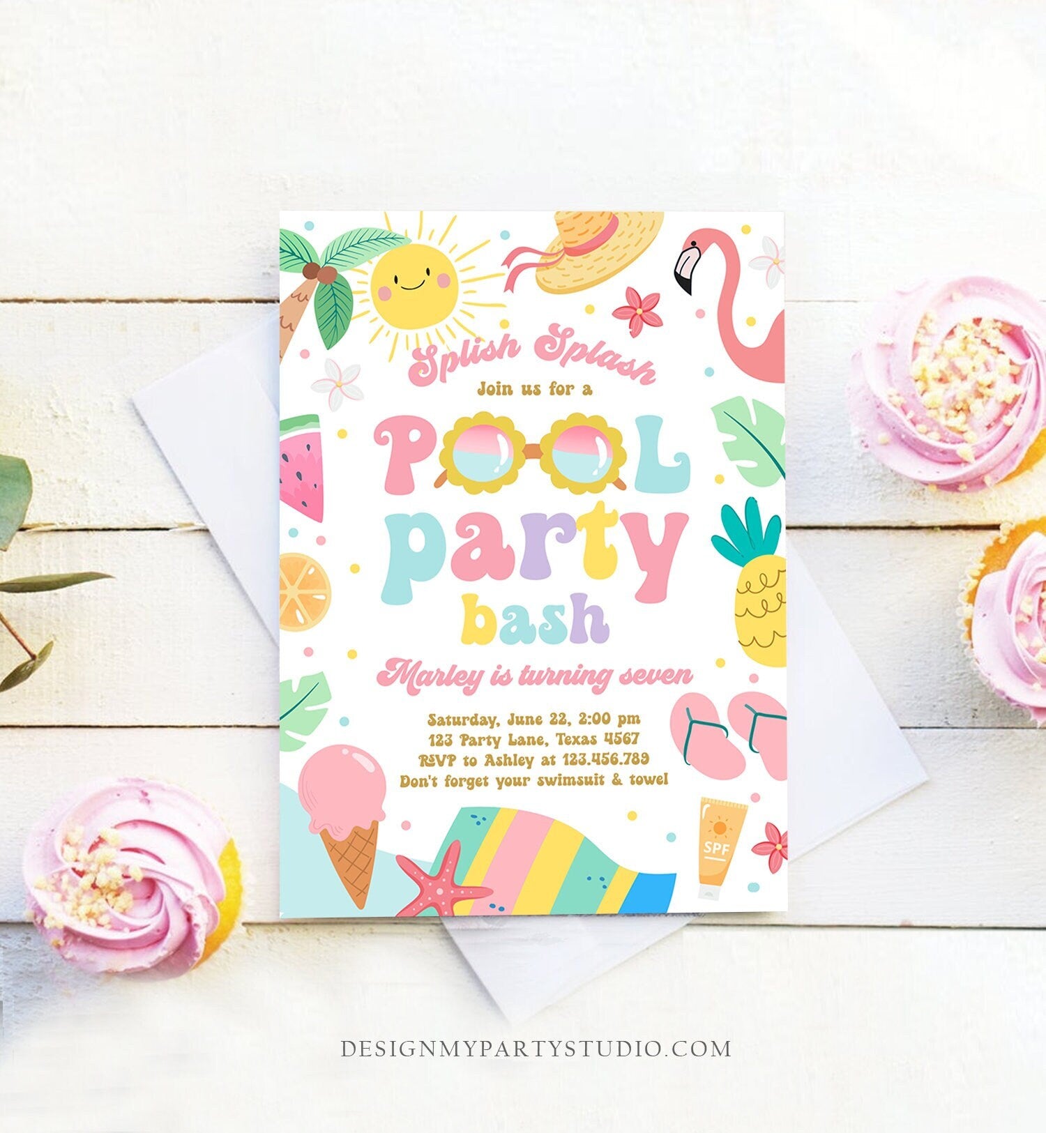 Editable Splish Splash Birthday Invitation Pool Party Girl Pool Party Bash Summer Swimming Download Printable Invite Template Evite 0465