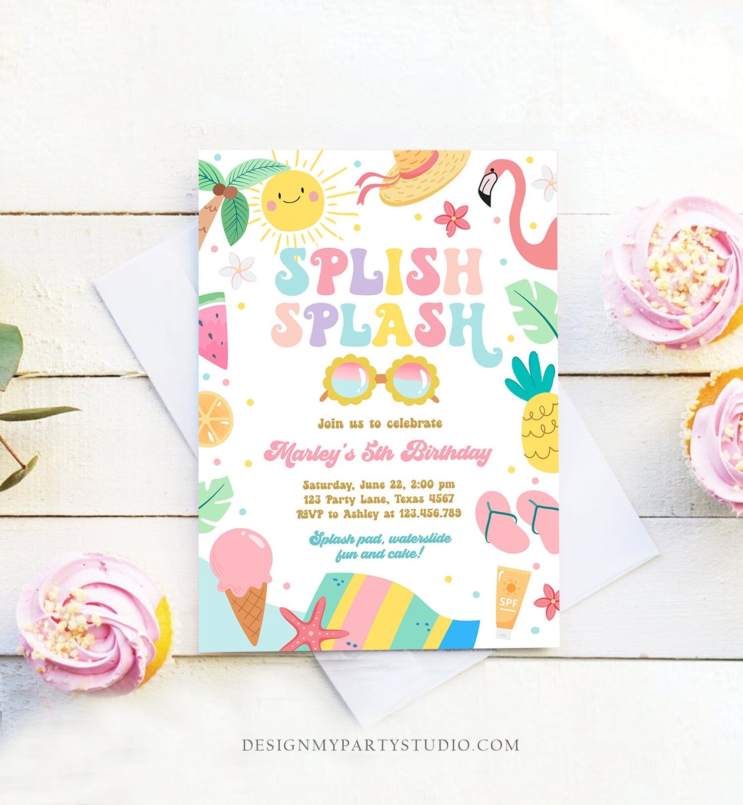 Editable Splish Splash Birthday Invitation Pool Party Girl Summer Waterslide Water Party Pink Download Printable Invite Template Evite 0465