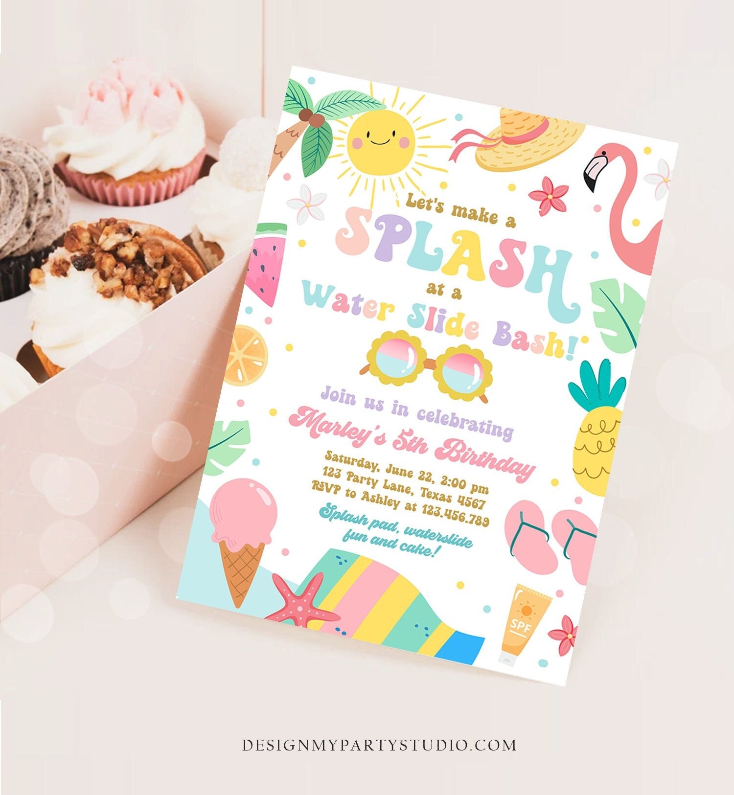 Editable Splish Splash Birthday Invitation Pool Party Girl Summer Waterslide Water Party Pink Download Printable Invite Template Corjl 0465