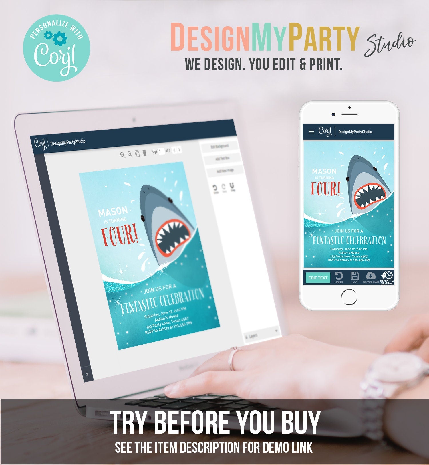 Editable Shark Birthday Invitation Shark Invitation Fintastic Shark Party Shark Under The Sea Boy Download Printable Template Corjl 0089