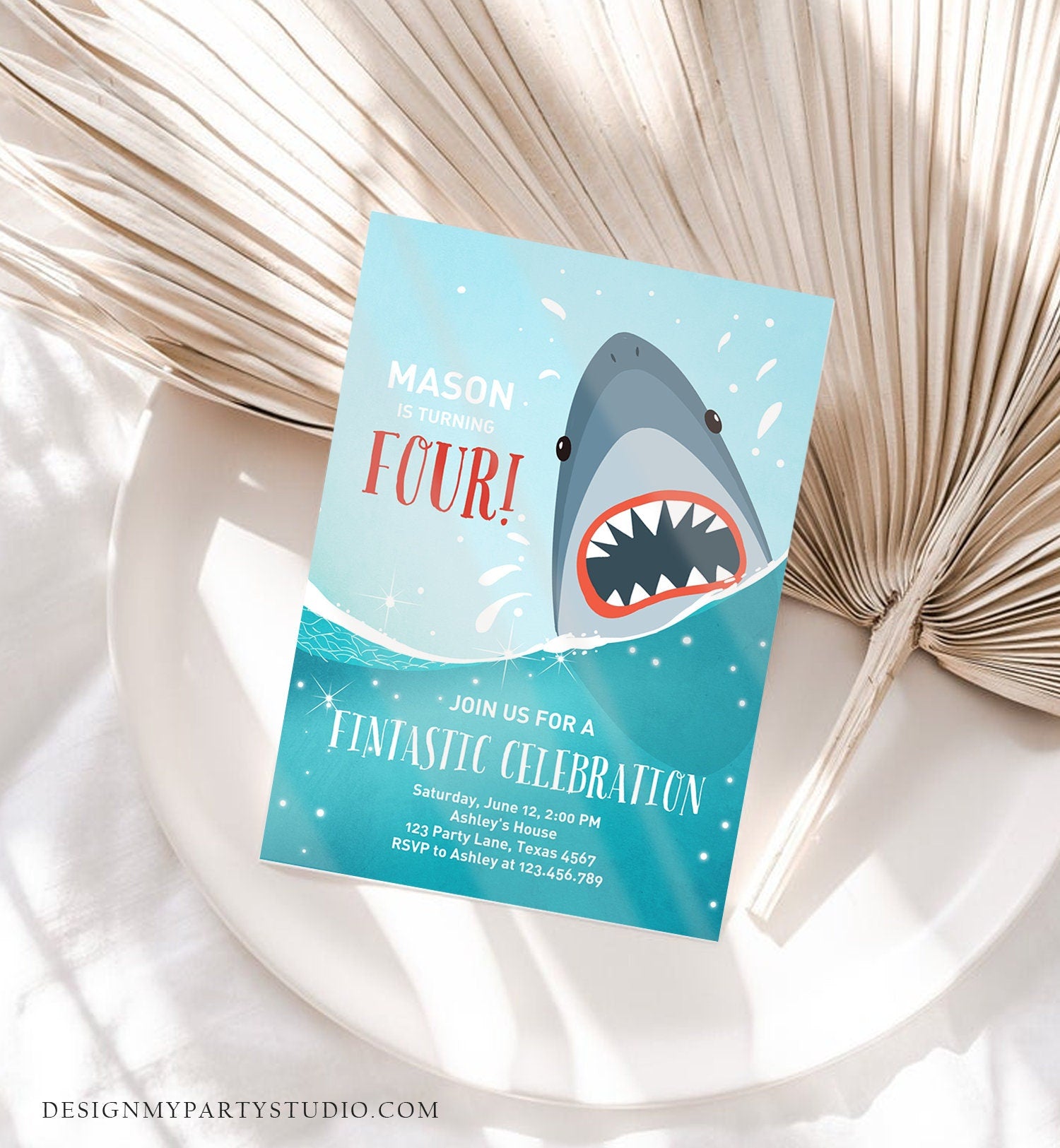 Editable Shark Birthday Invitation Shark Invitation Fintastic Shark Party Shark Under The Sea Boy Download Printable Template Corjl 0089