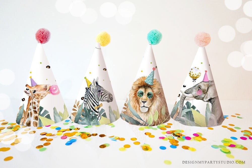 Party Hats Party Animals Birthday Party Birthday Decor Safari Animals Birthday Wild One Zoo Decoration DIY Digital Download Printable 0417