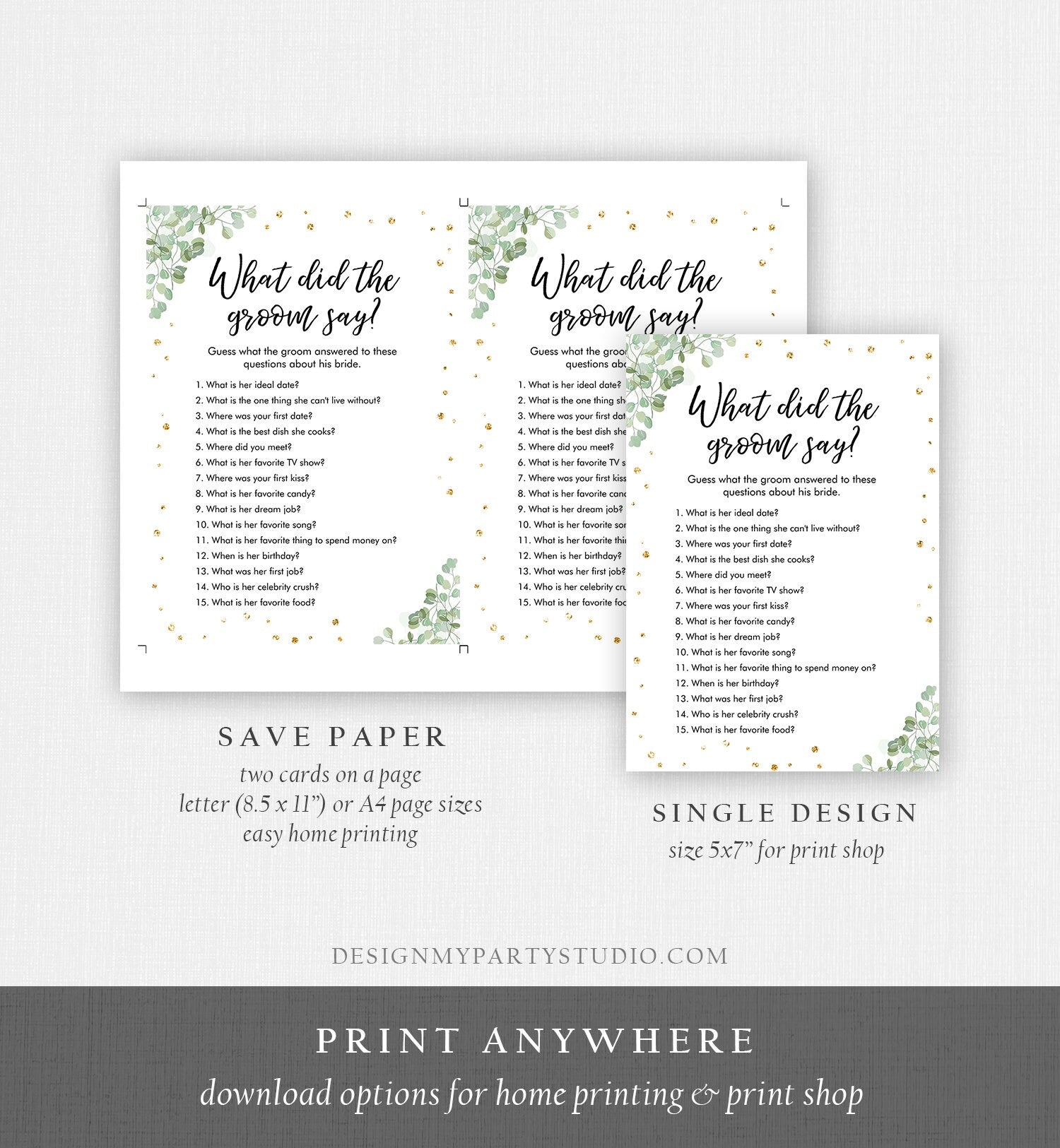 Editable What Did The Groom Say About His Bride Game Bridal Shower Game Eucalyptus Gold Confetti Digital Download Printable 0030 0318