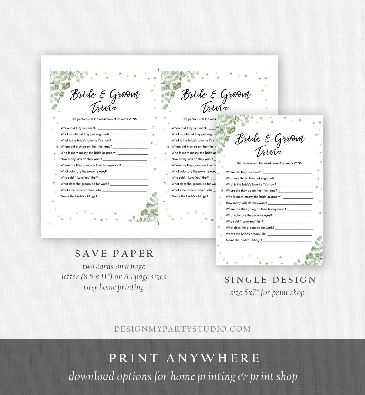 Editable Bride and Groom Trivia Bridal Shower Game Eucalyptus Gold Confetti What Did He or She Said Digital Download Printable 0030