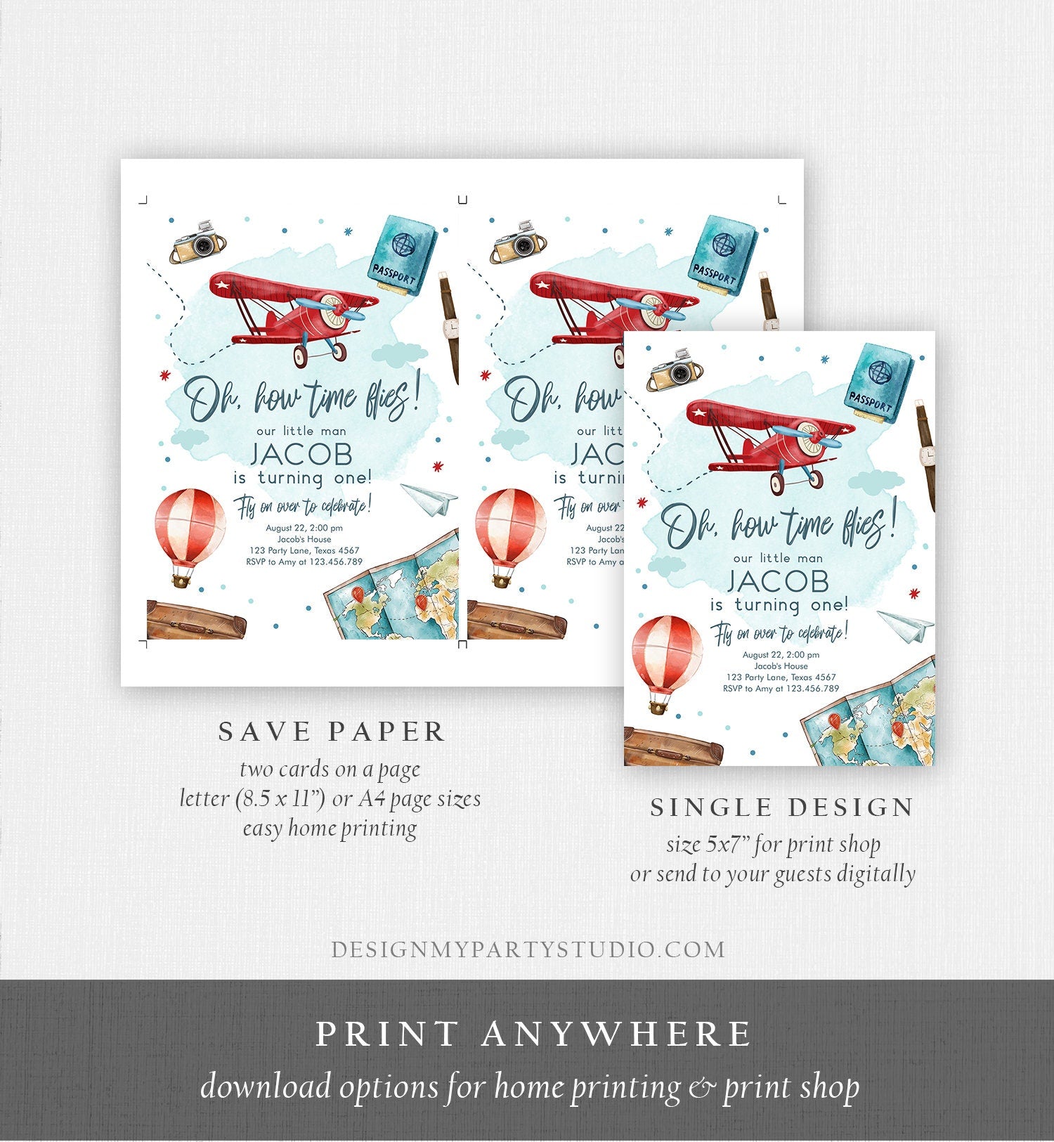 Editable Airplane Birthday Invitation Oh My Time Flies Red Airplane First Birthday Travel 1st Instant Download Printable Corjl Template 0468